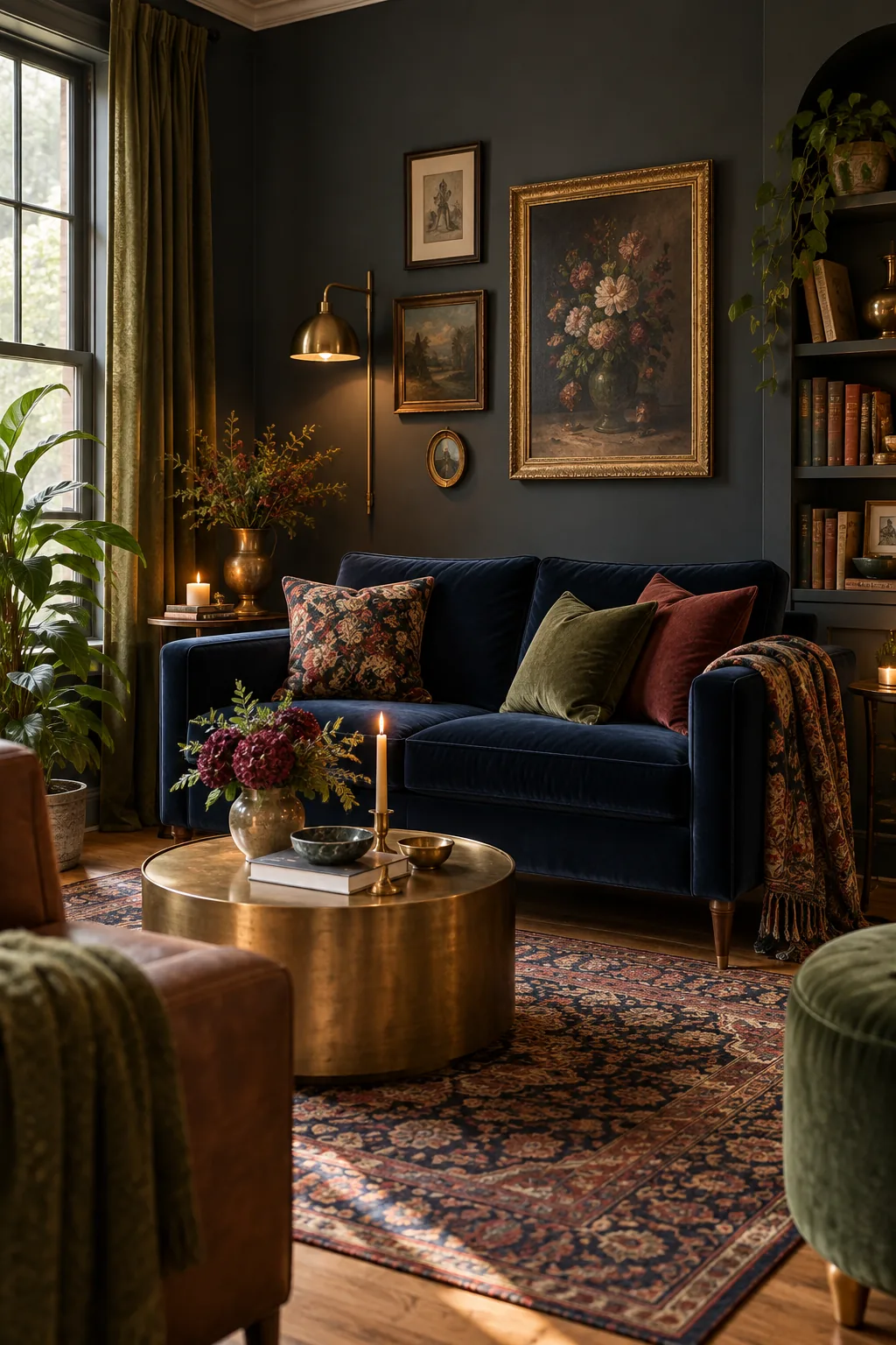 Moody eclectic living room with a navy velvet loveseat and dark walls.