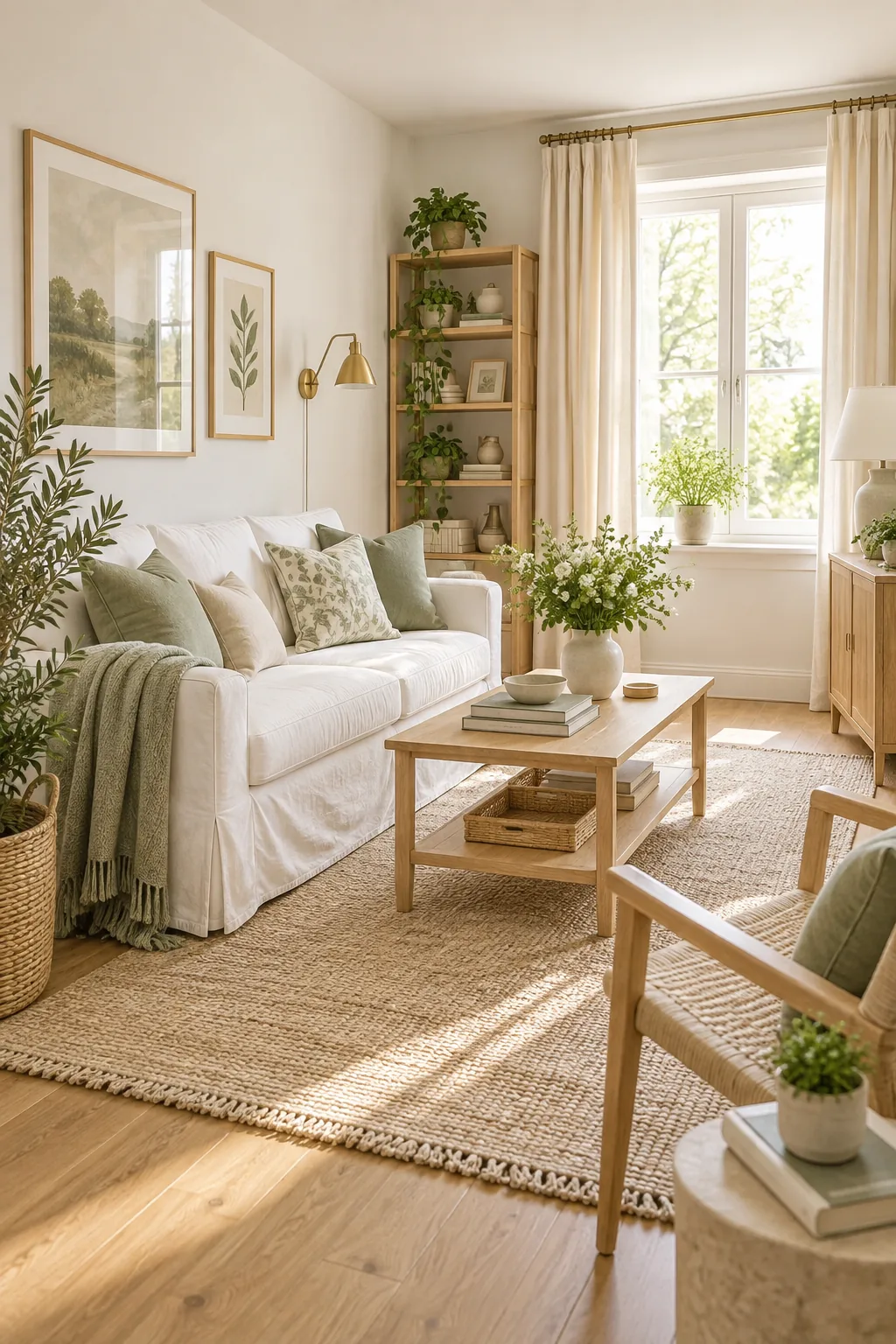 Airy Scandinavian living room with a white slipcovered sofa and ash wood.