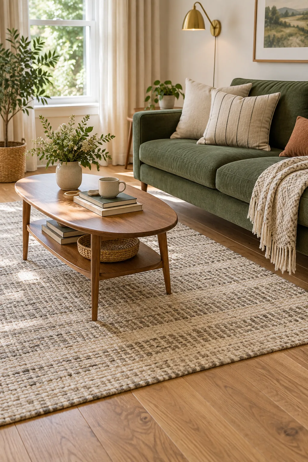 Edge of a textured area rug resting on wood floors just short of white baseboards.