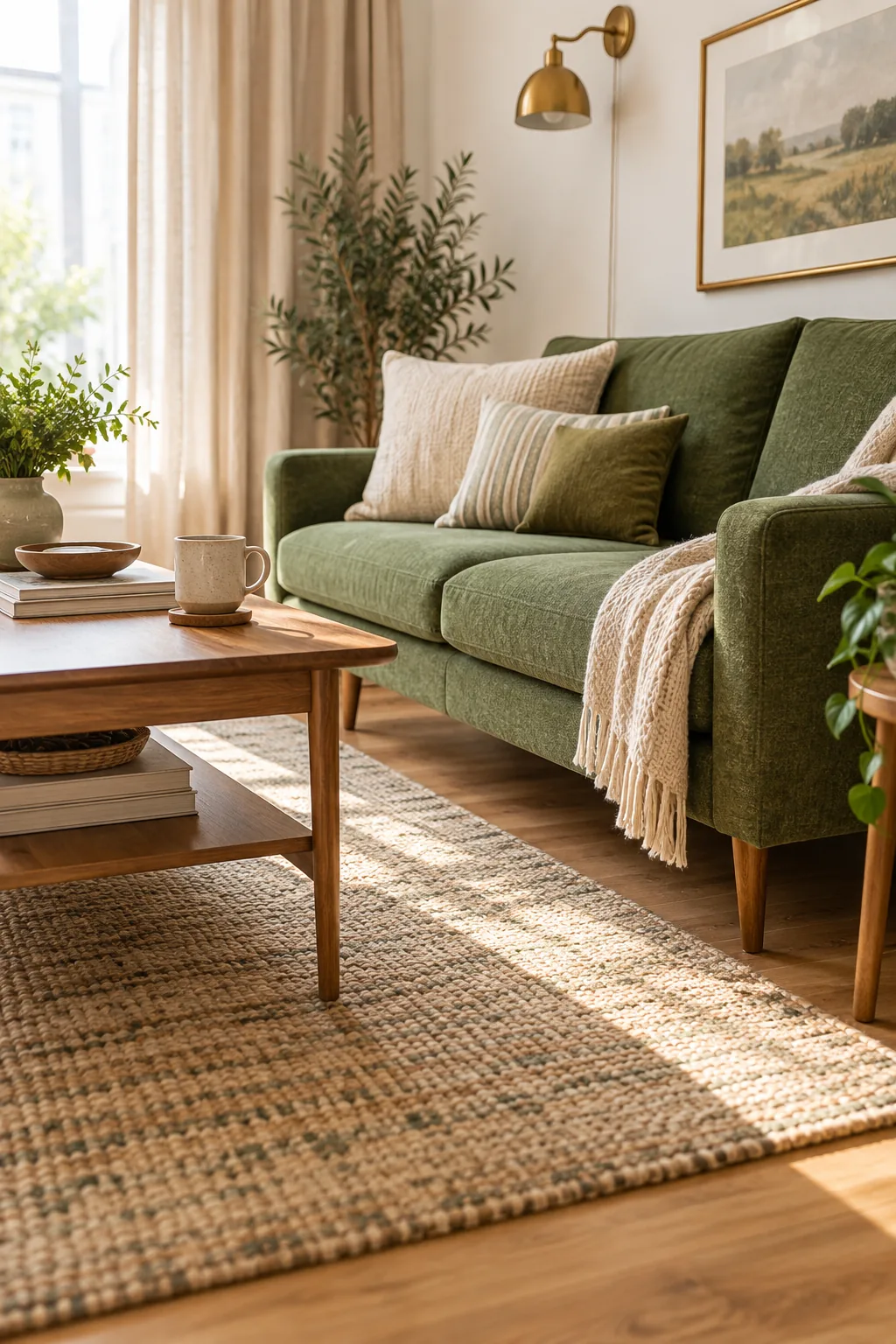 Warm wood coffee table positioned at a comfortable distance from a green sofa.