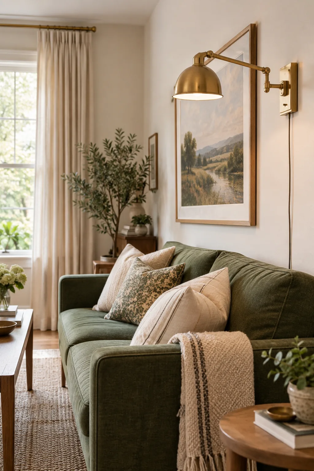 Brass plug-in wall sconce mounted above a green sofa.