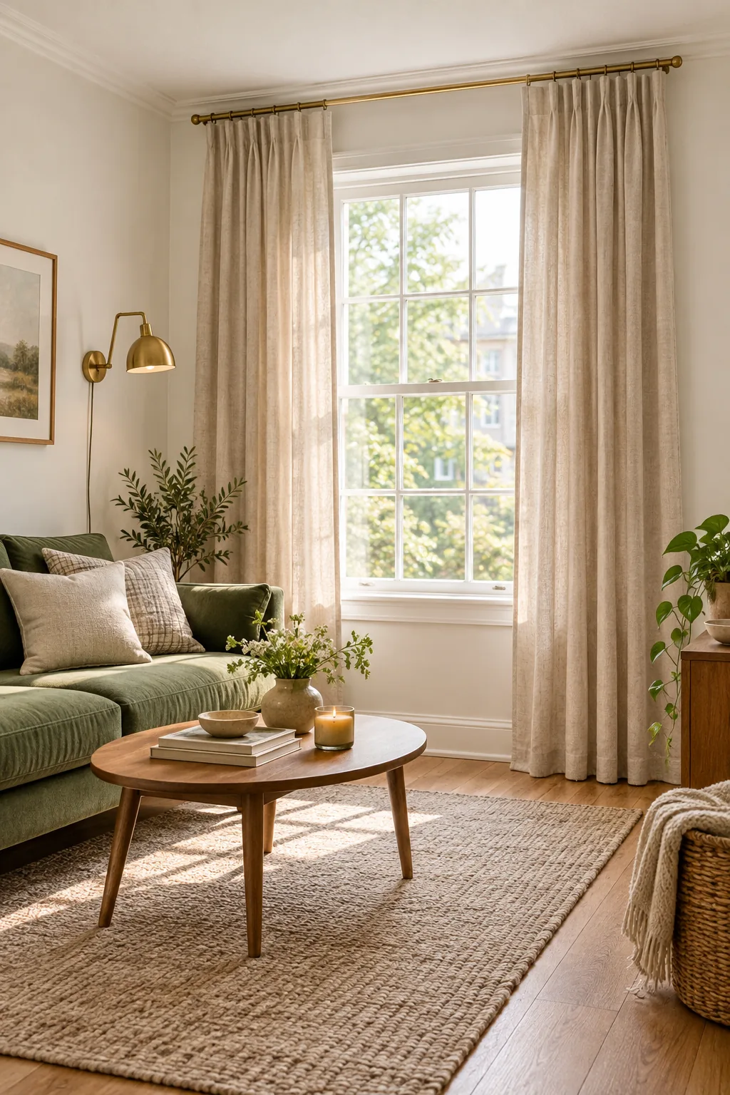Brass curtain rod mounted flush against the ceiling with long linen drapes.