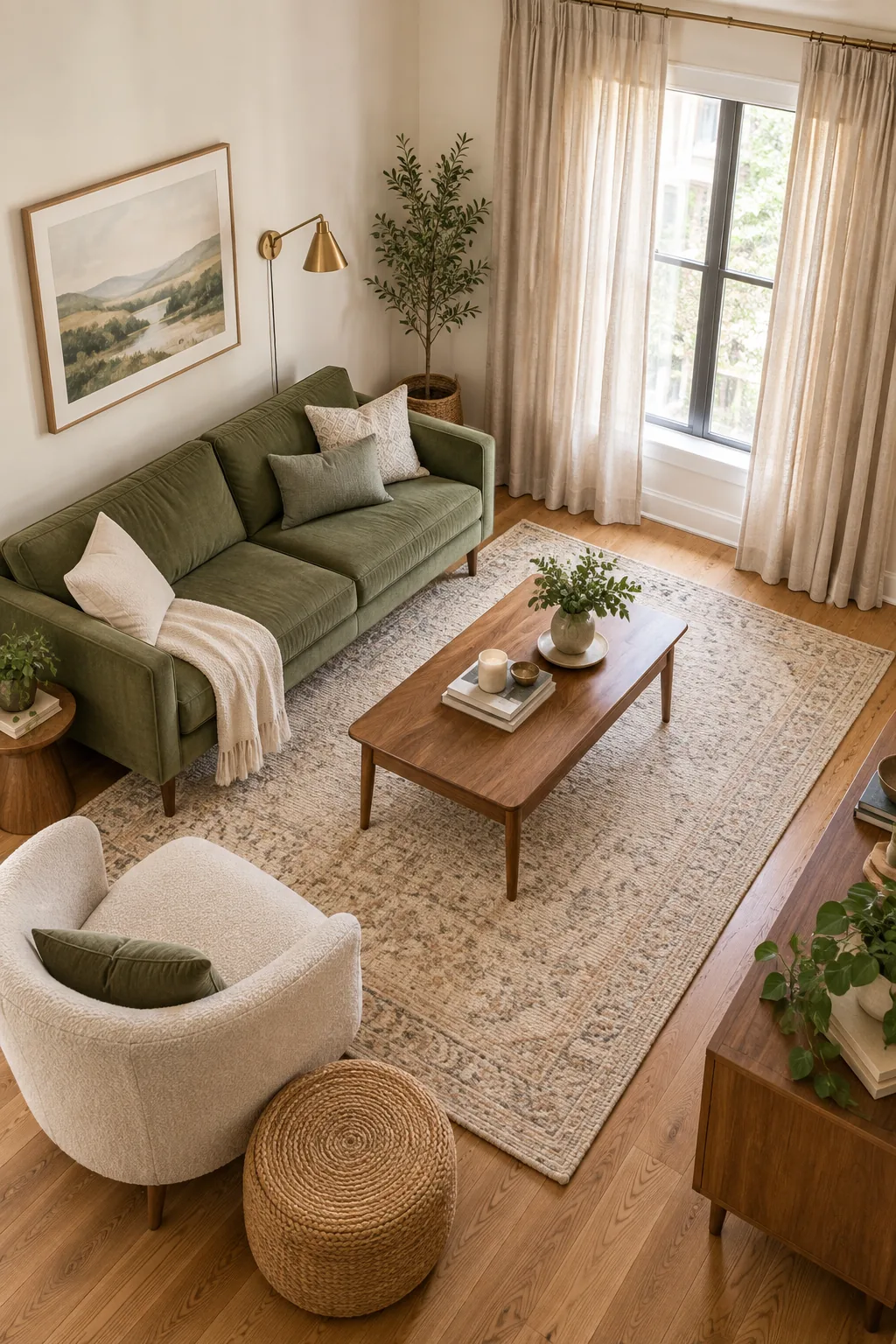 Bright small apartment living room with a green sofa, wood coffee table, and tall drapes.