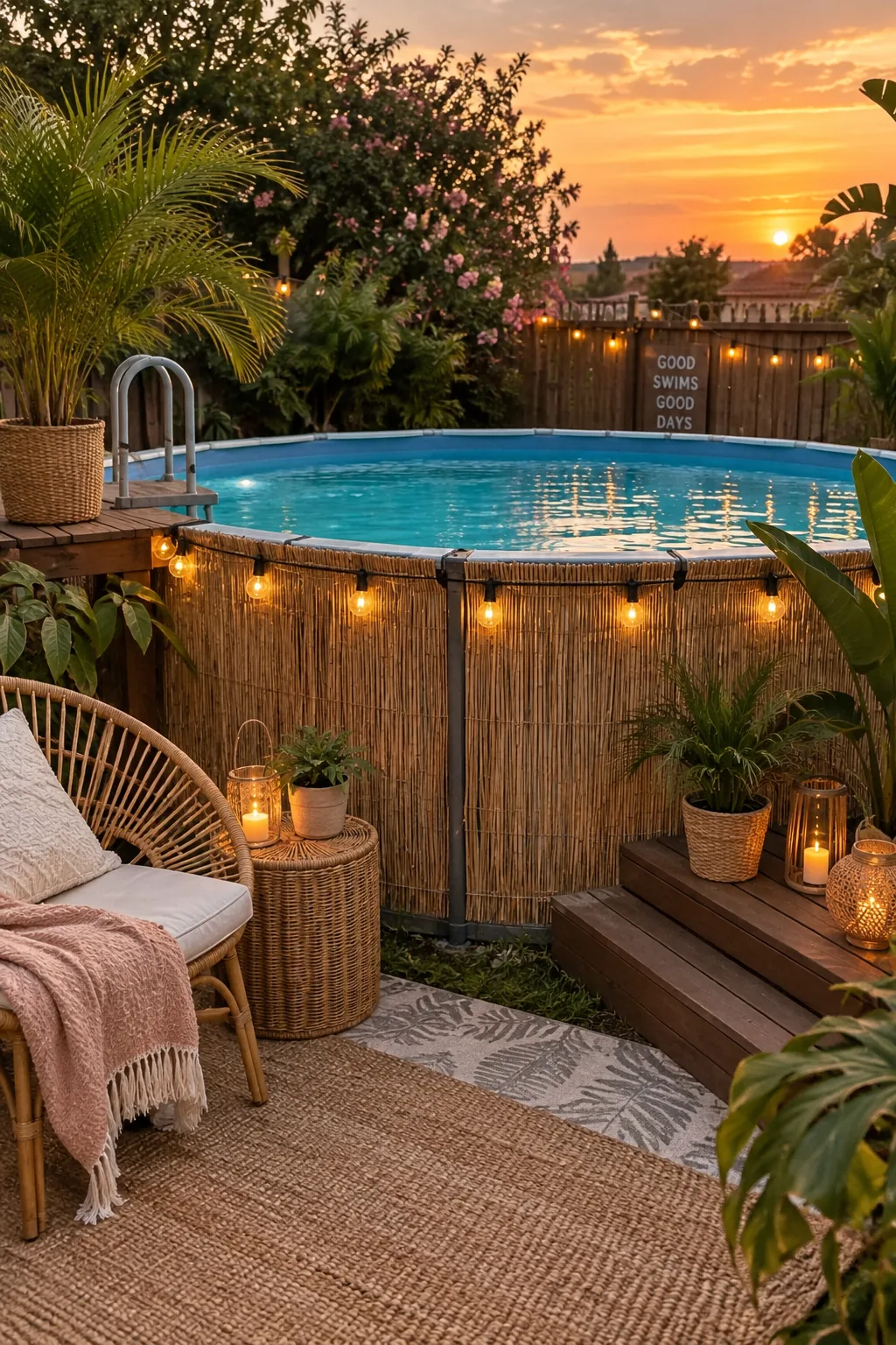 Above ground pool wrapped in natural reed fencing with string lights