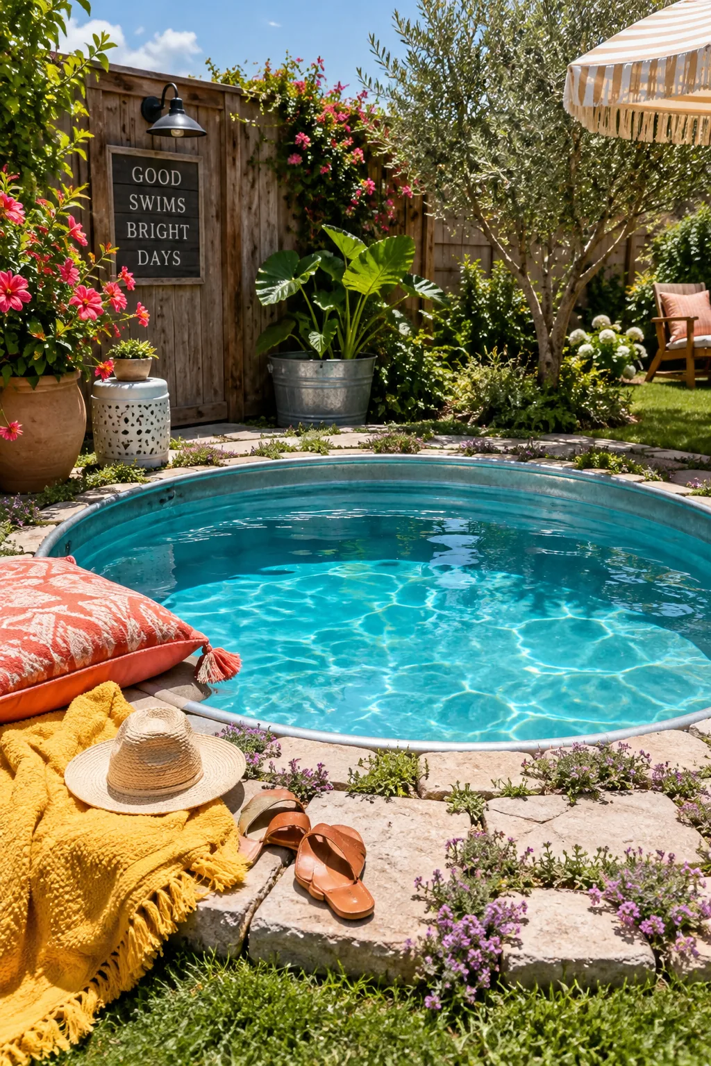 Galvanized stock tank pool partially sunk into the ground with limestone paver surround