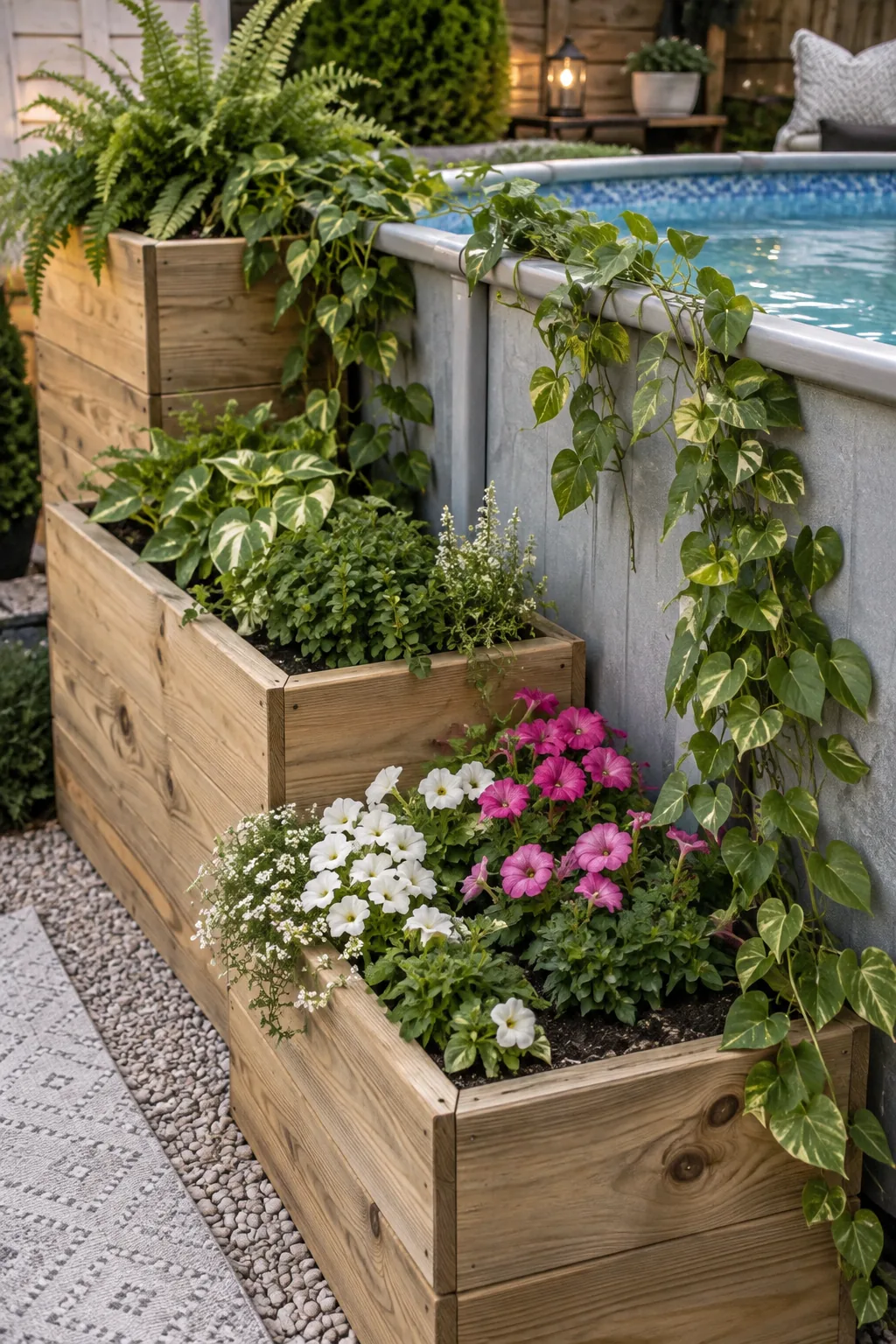 Tiered wooden planter boxes built against the side of an above ground pool