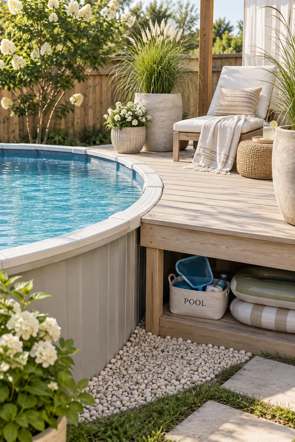 Small freestanding wooden half-deck built flush against an above ground pool