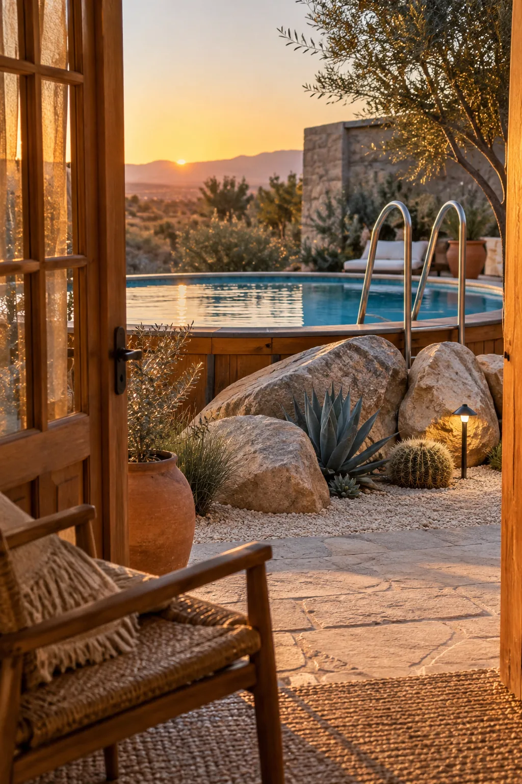 Above ground pool landscaped with large boulders, sand, and blue agave plants