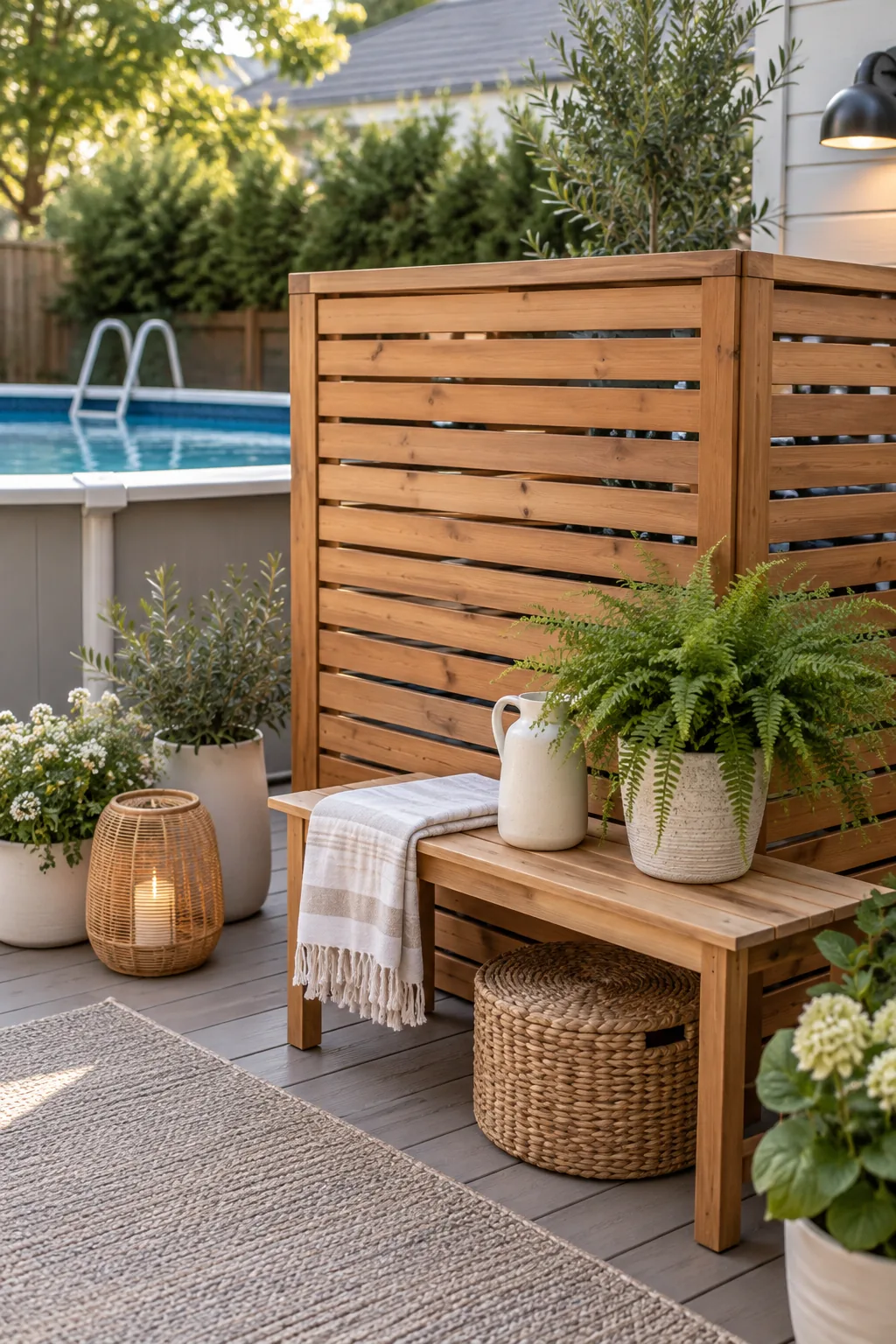 Stained cedar slatted privacy screen hiding above ground pool pump equipment
