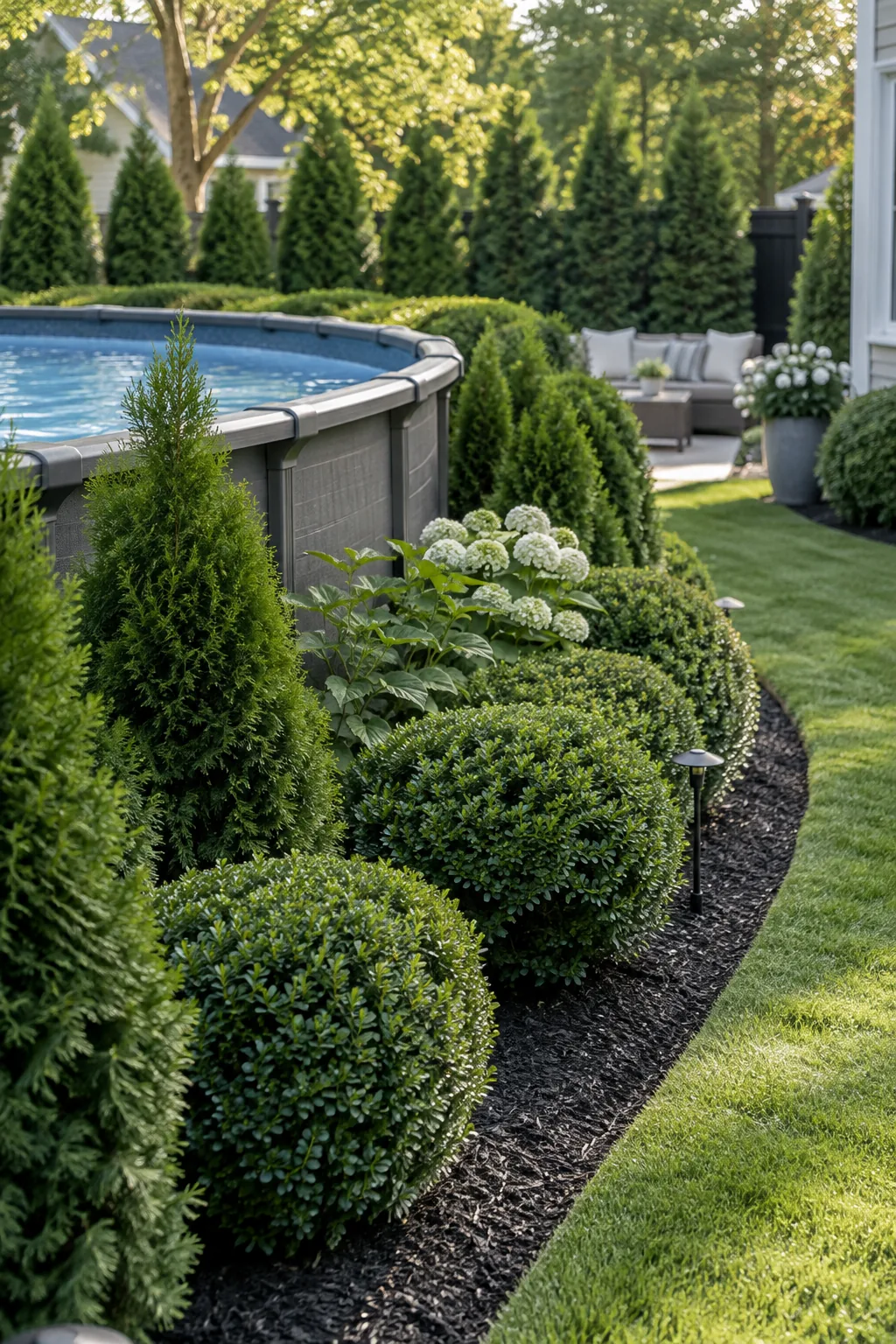 Dense row of trimmed boxwood shrubs planted around the base of an above ground pool