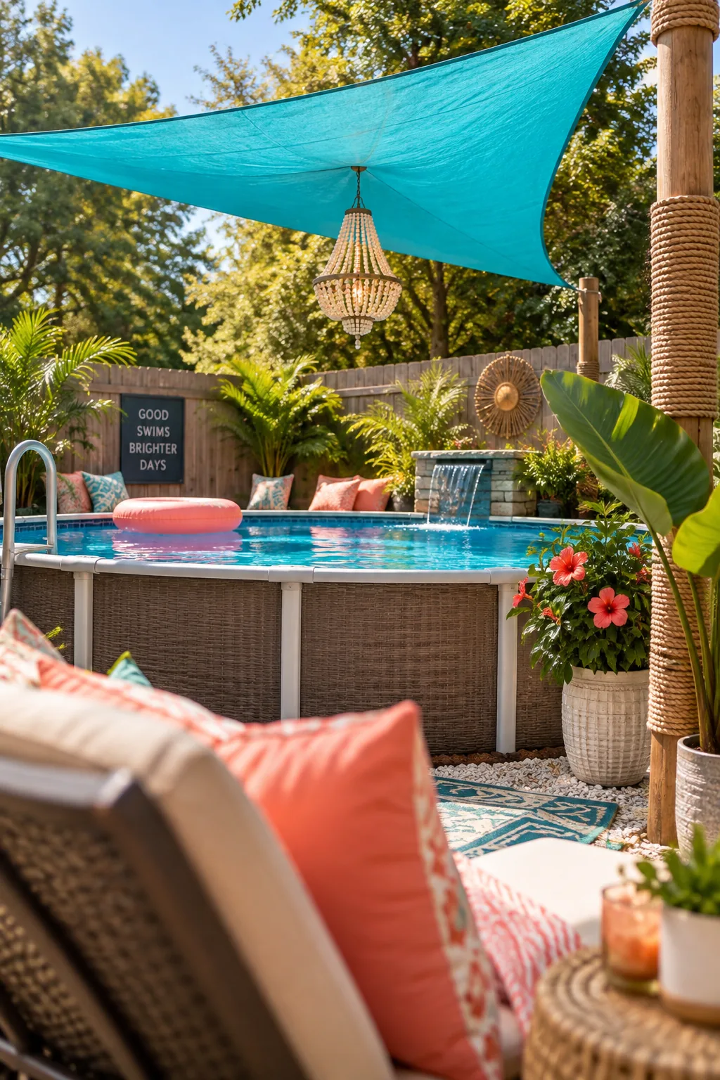 Triangle sail shade stretched over the corner of an above ground pool