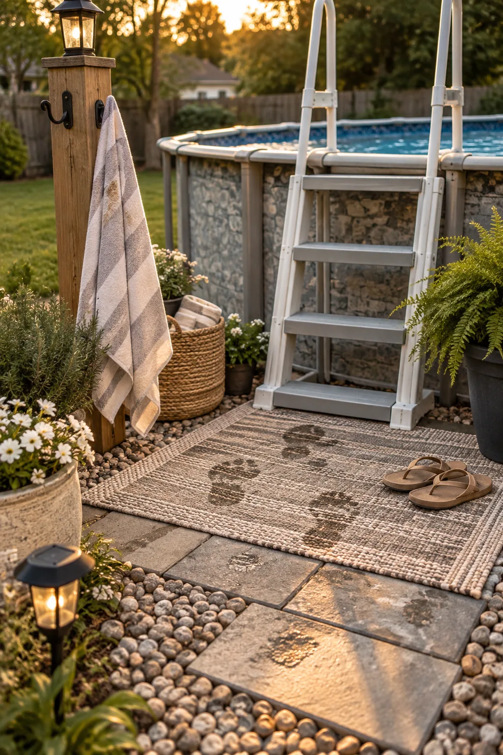 Paver stone landing pad surrounded by pea gravel at the base of a pool ladder