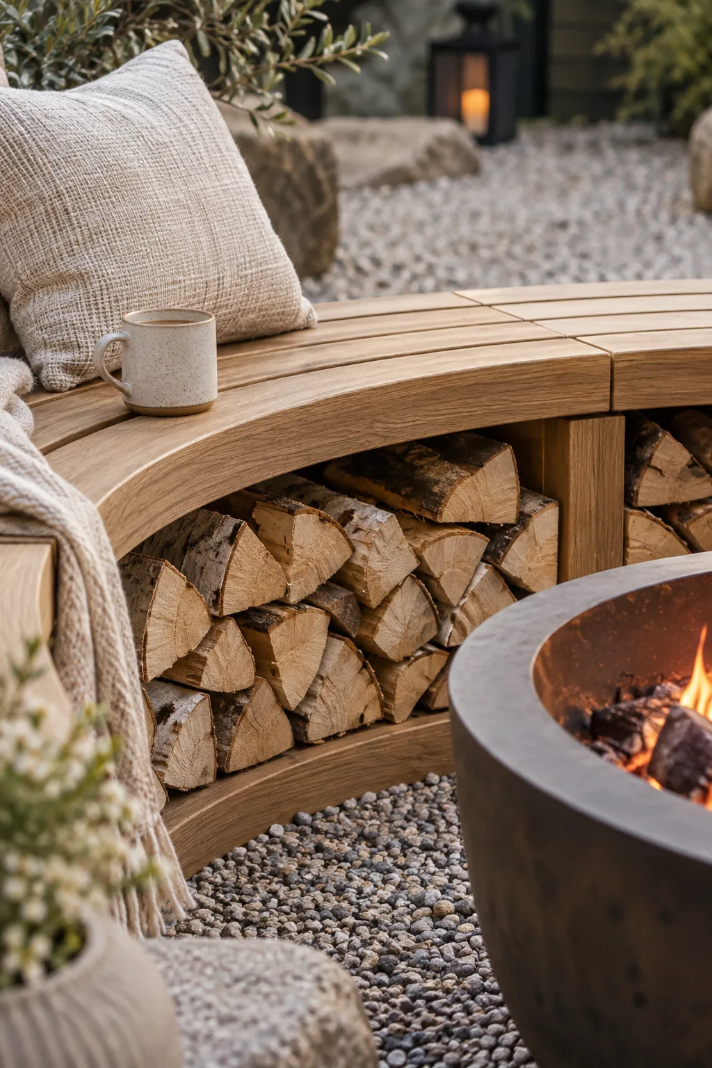 Curved wooden bench built around a circular stone fire pit
