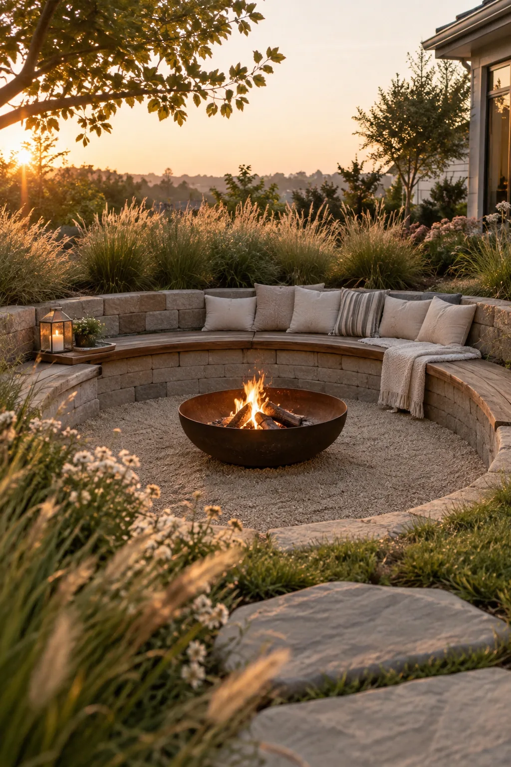 Sunken fire pit lined with retaining wall blocks and sand