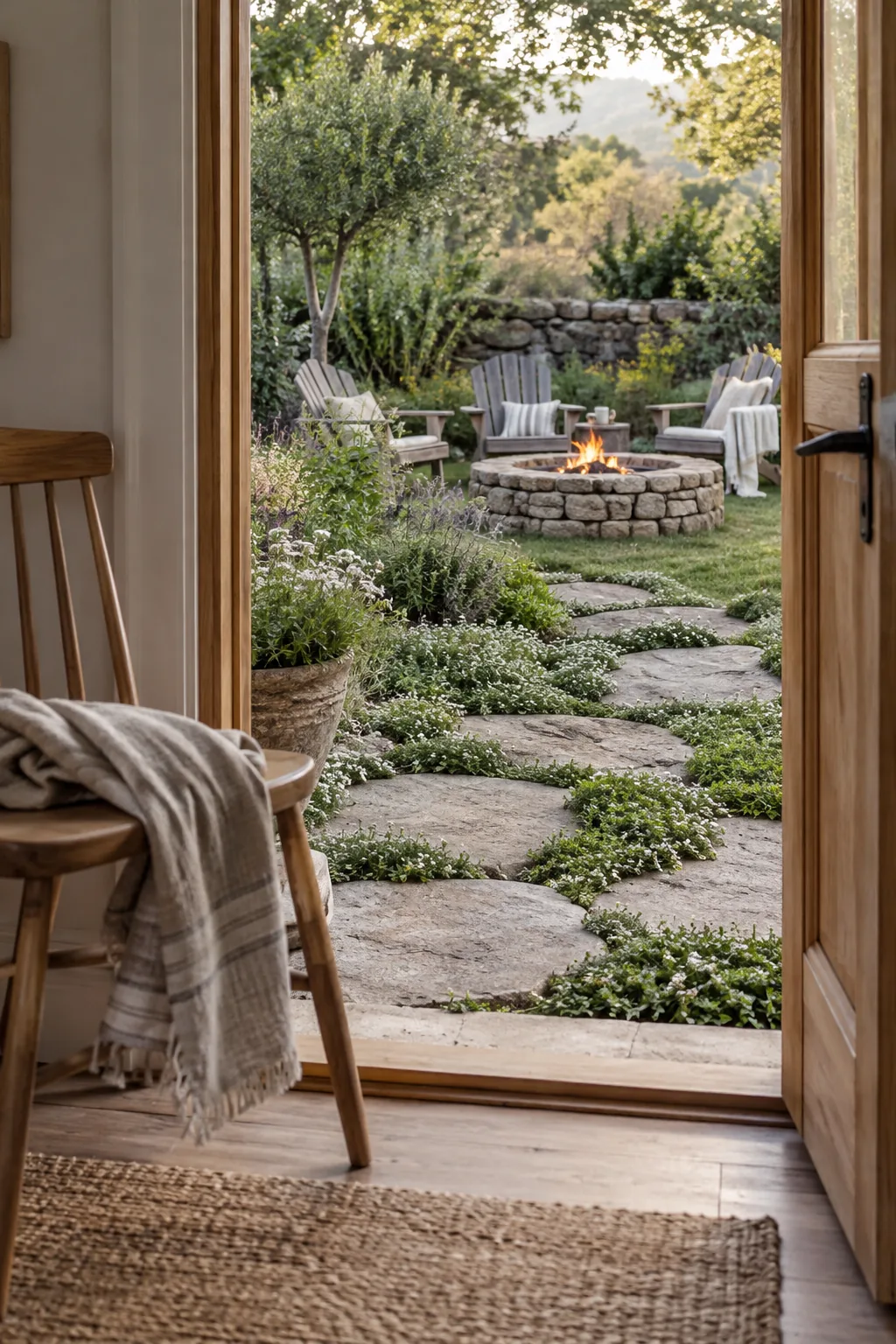 Large flat flagstones set into dirt around a fire bowl