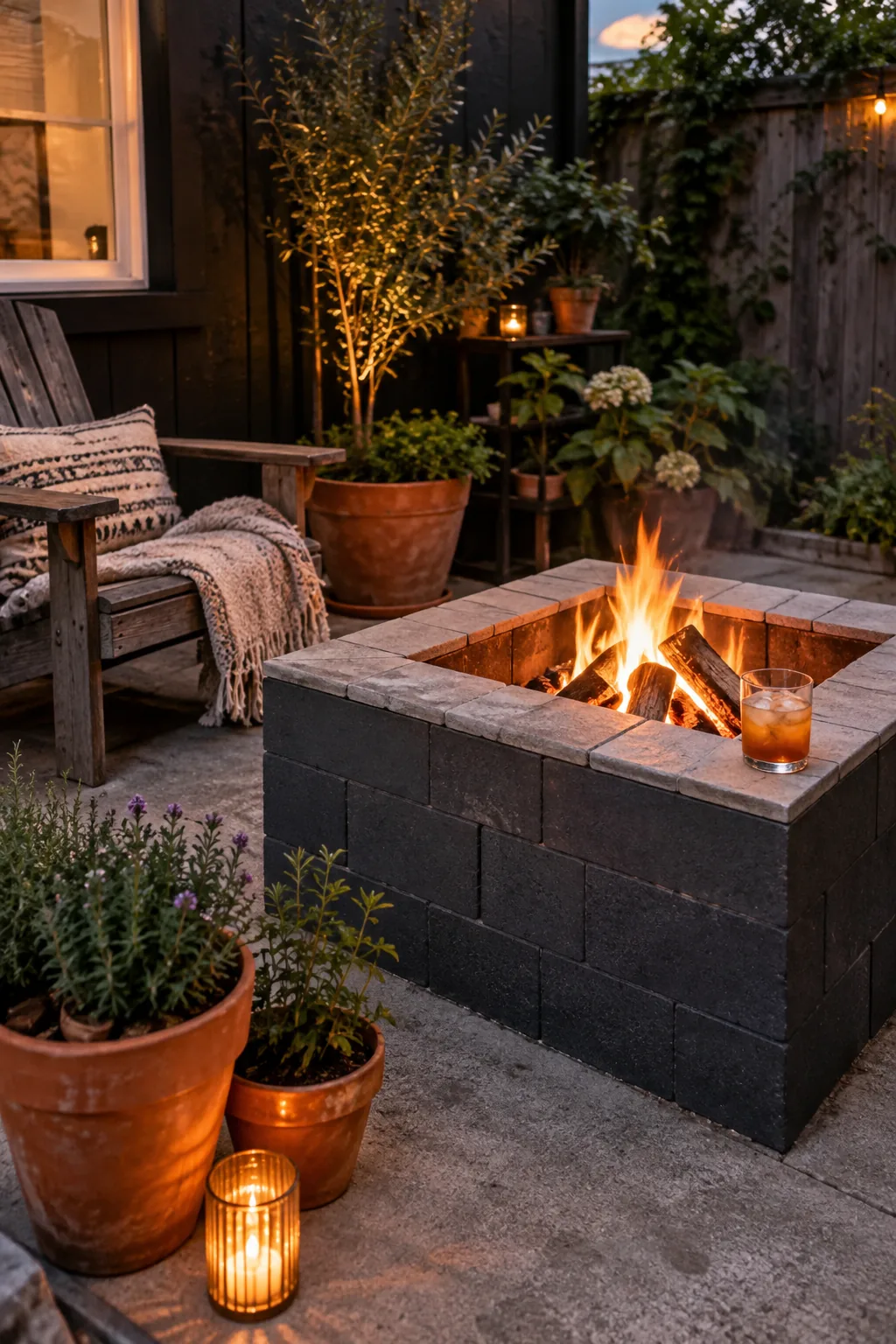 Square fire pit made from stacked cinder blocks on a patio