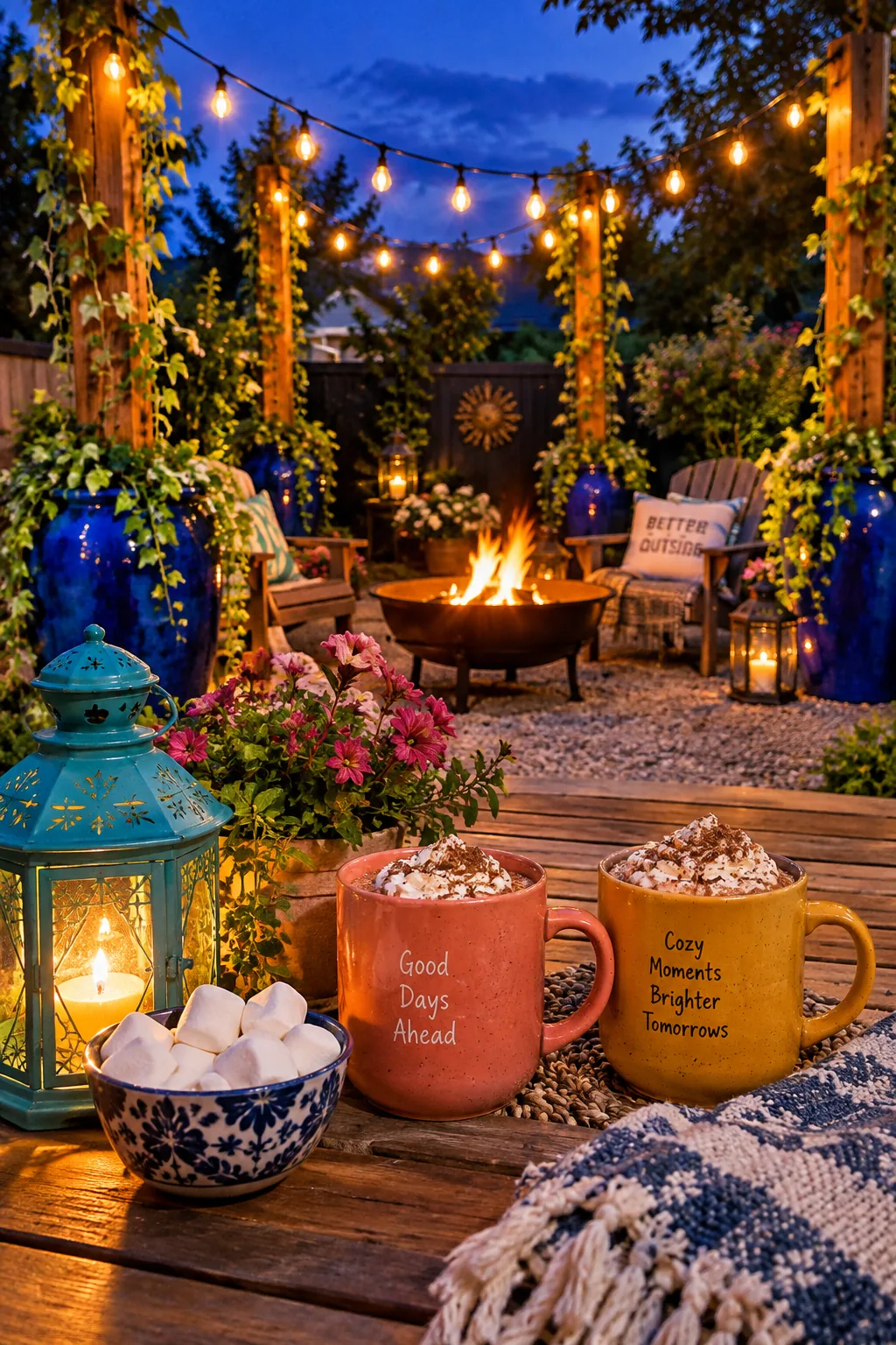 String lights hanging from wooden posts around a fire pit