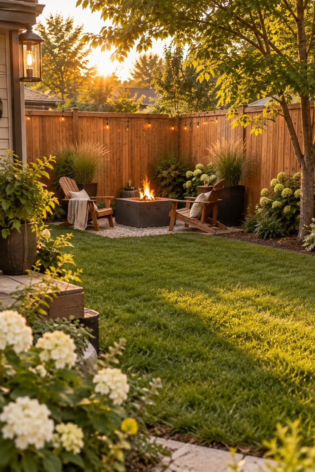 Square fire pit tucked into a corner with a high wooden fence