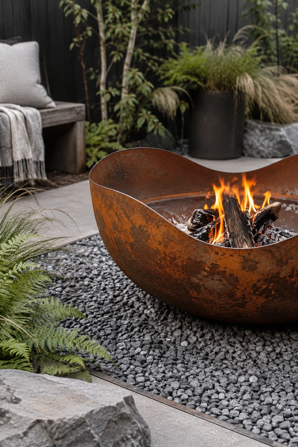 Weathered steel fire bowl sitting on crushed granite