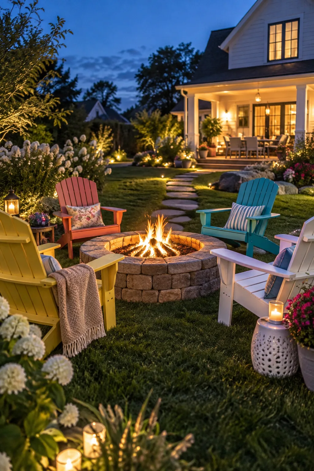 Brightly painted Adirondack chairs arranged around a backyard fire pit