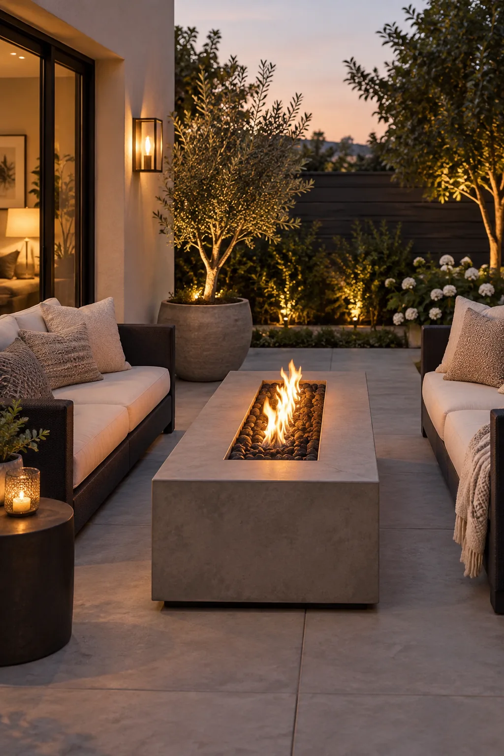 Modern gas fire table surrounded by outdoor sofas on a patio