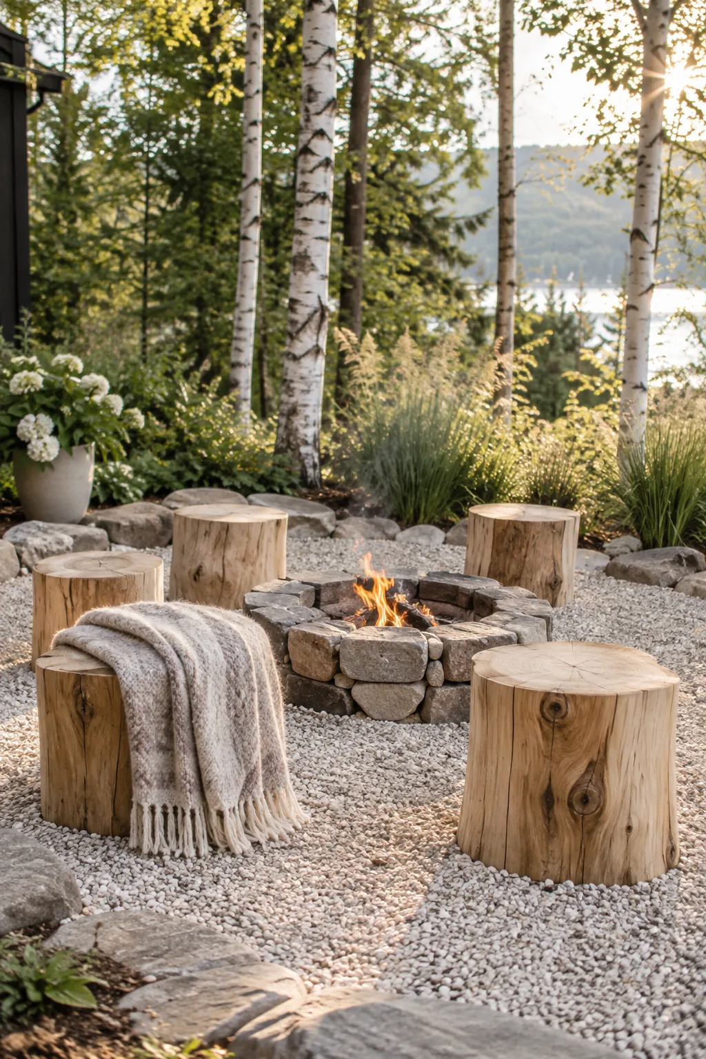 Sanded log stumps used as seats around a woodland fire pit