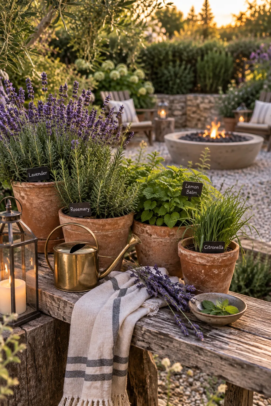 Fire pit area surrounded by lavender and lemongrass plants
