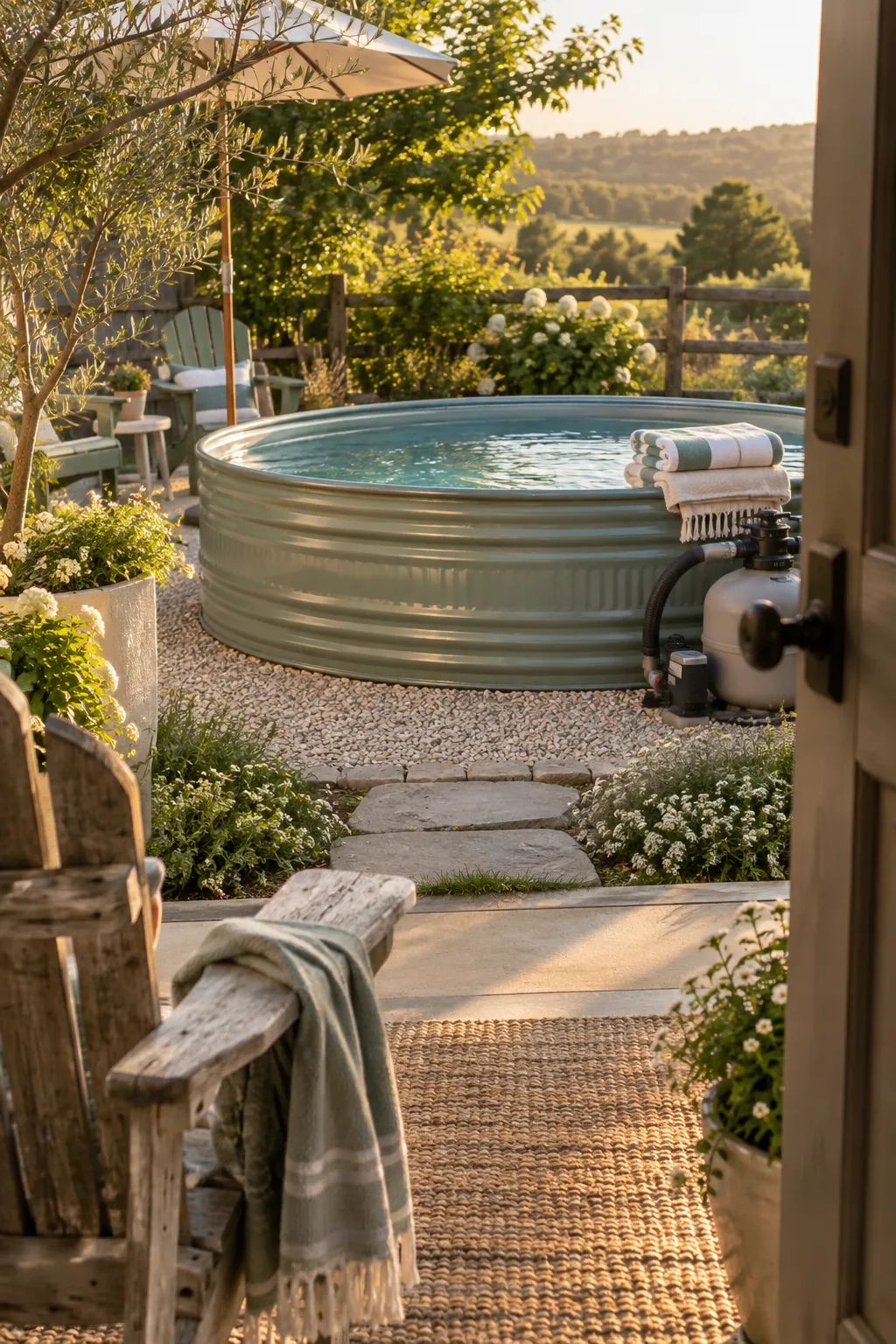 Painted galvanized stock tank pool on a dirt patch with a small filter pump