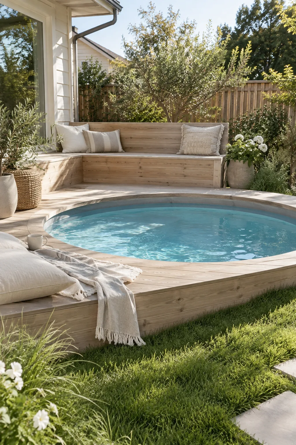 Half-sunken mini pool surrounded by a low wooden deck