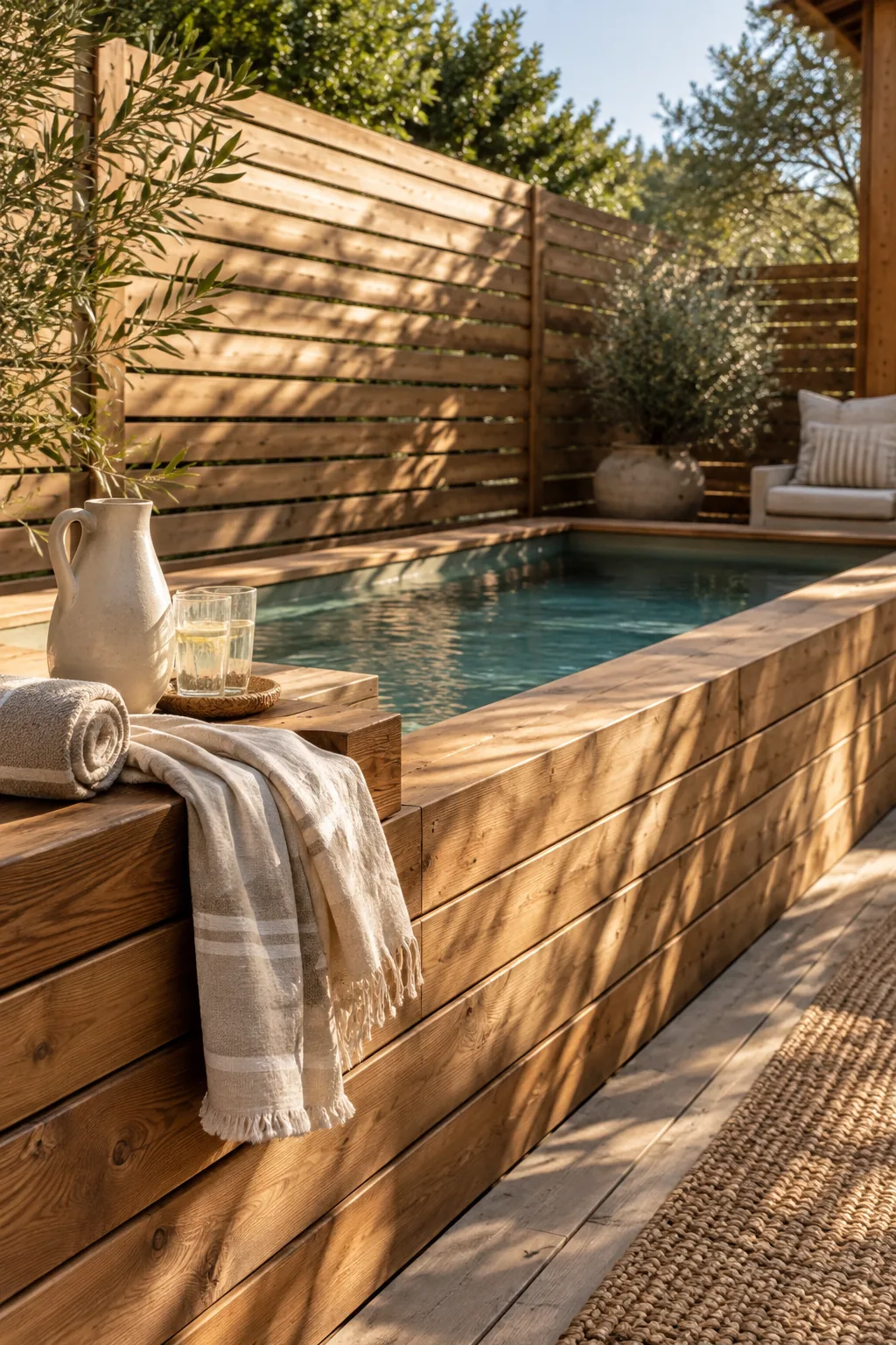 Small pool wrapped in warm cedar wood slats with a drink ledge