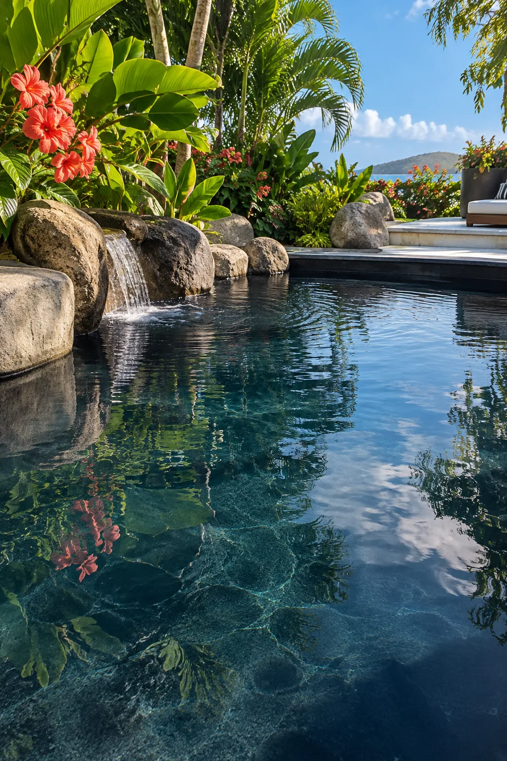 Small plunge pool with dark charcoal interior reflecting the sky