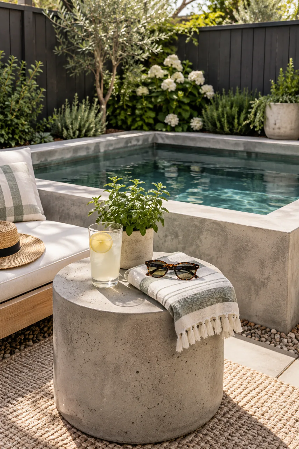 Square concrete plunge pool tucked into the corner of a fenced backyard