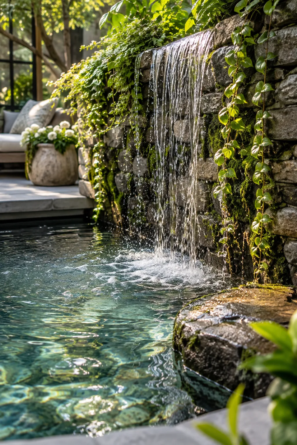 Small pool with a sheer descent waterfall flowing from a low stone wall