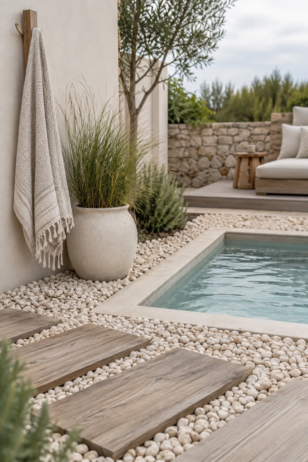 Mini pool surrounded by a thick border of clean pea gravel