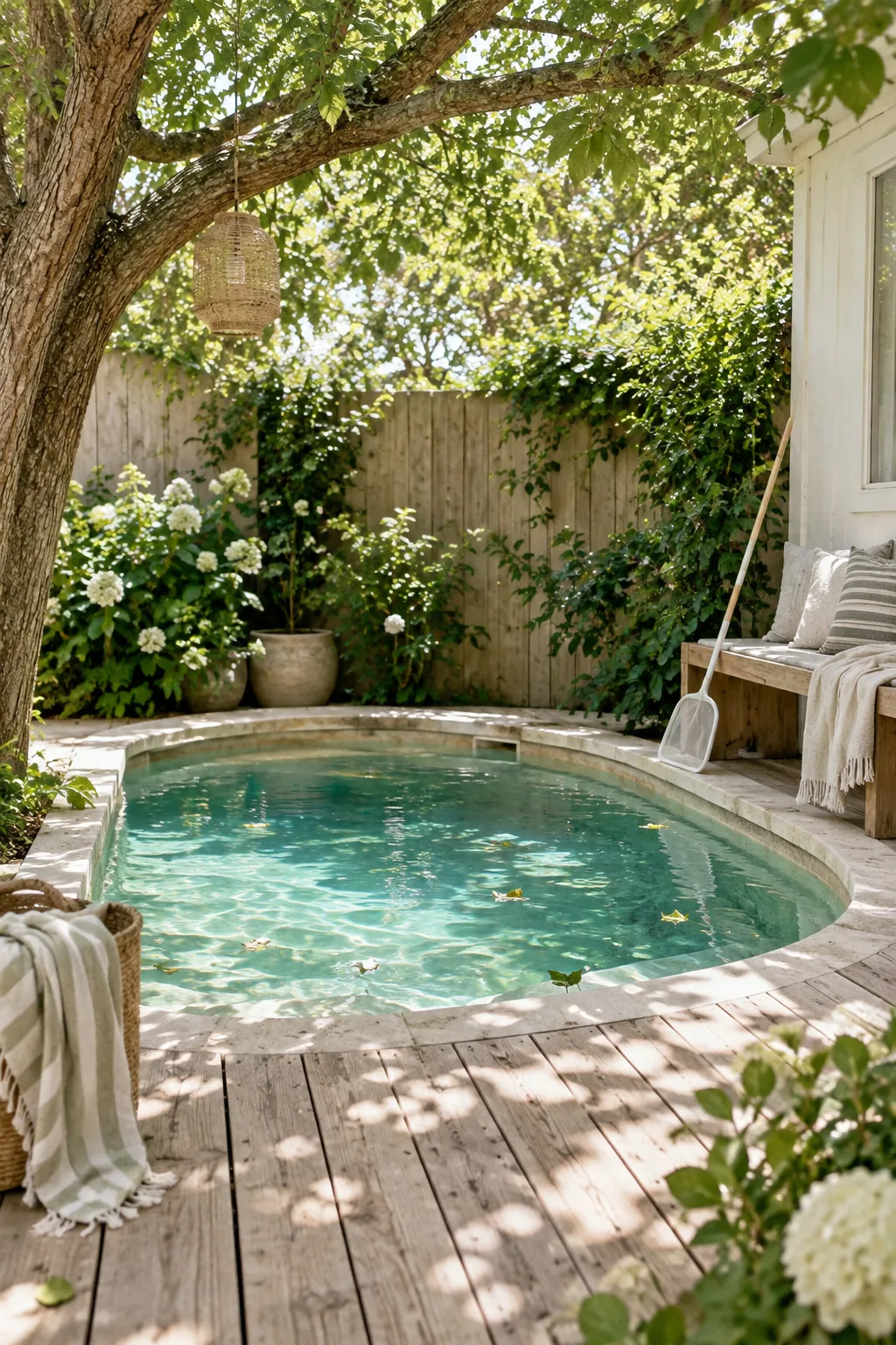 Small backyard pool situated under the canopy of a large leafy tree