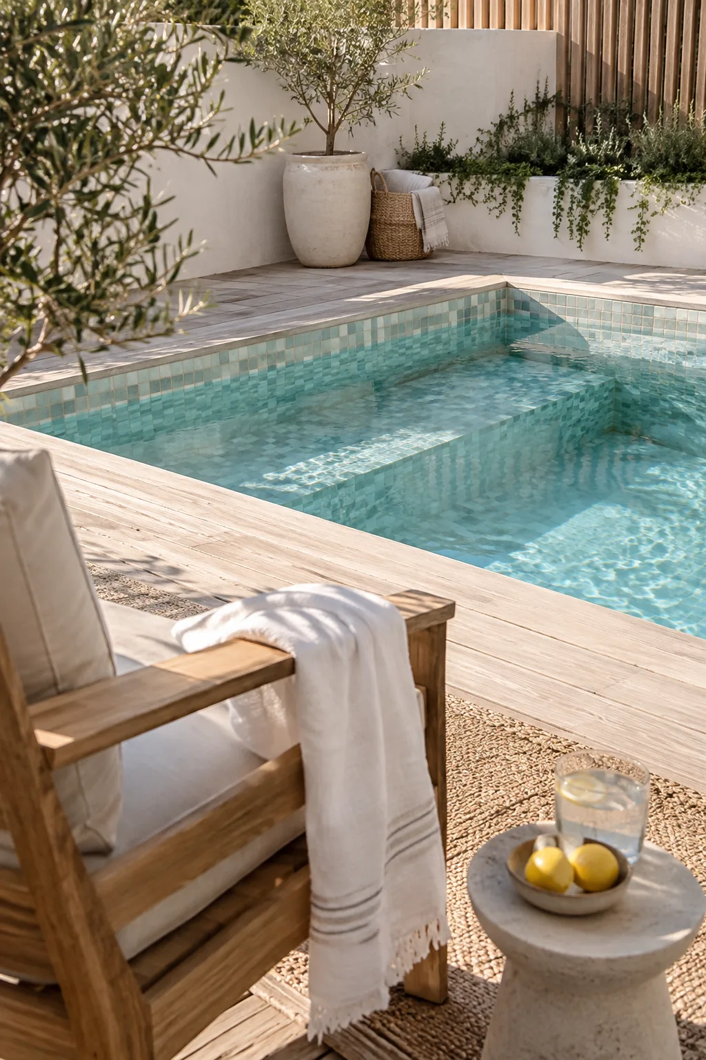 Small pool with an underwater bench covered in blue mosaic tiles