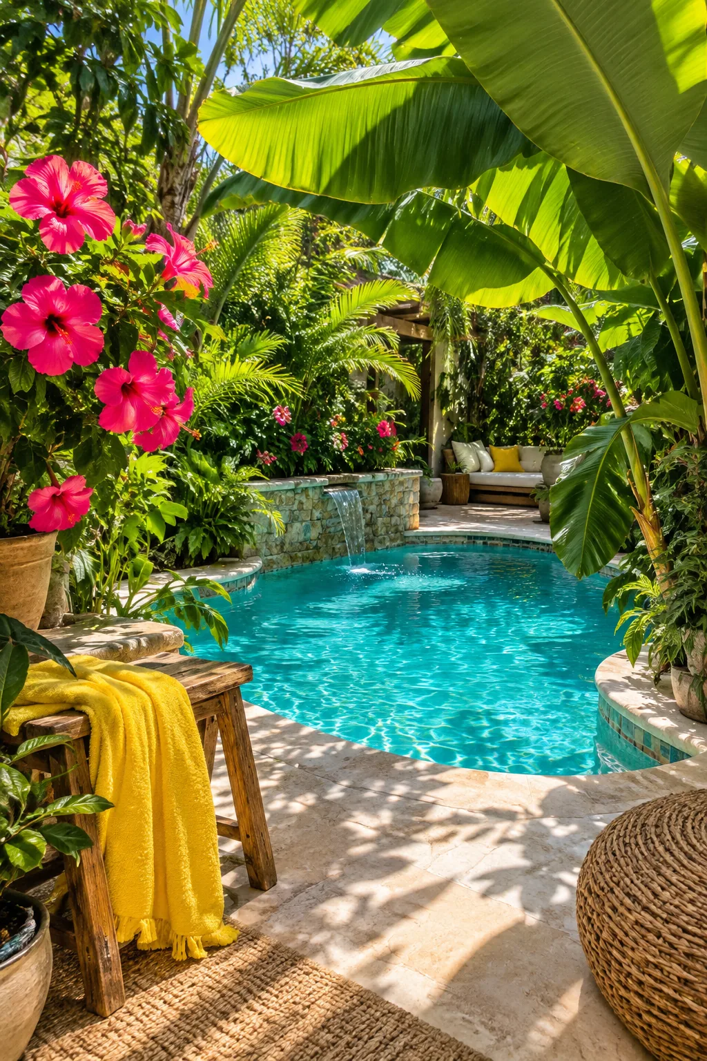 Mini pool surrounded by large potted palms and bamboo privacy screens