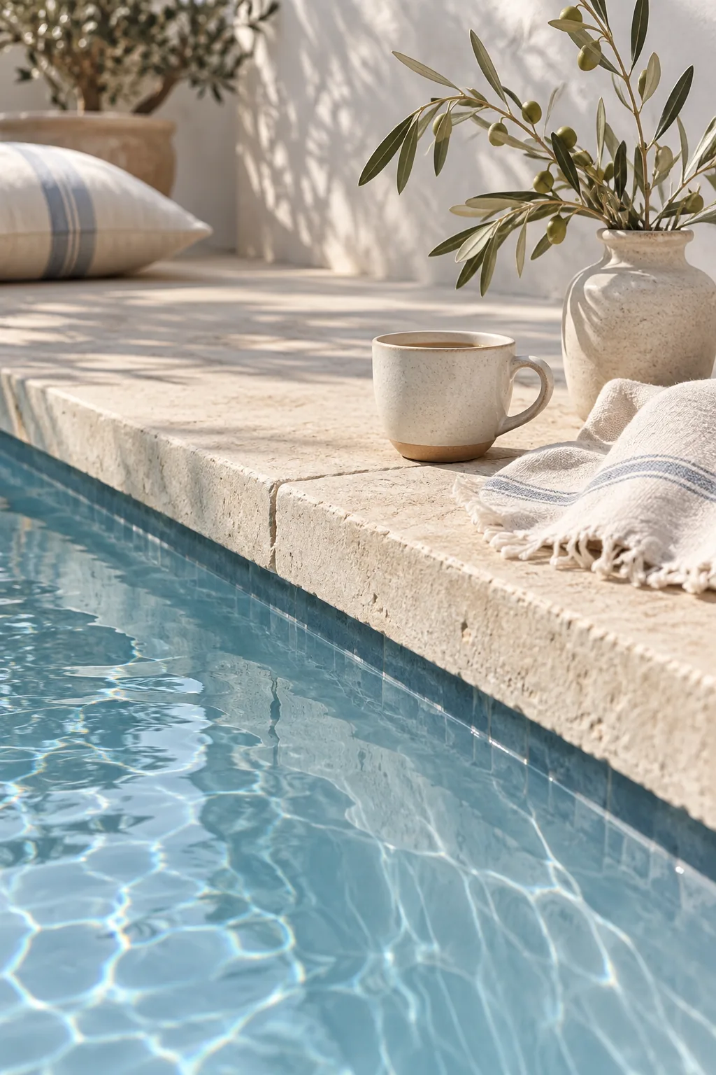 Small pool edged with large, pale limestone pavers overhanging the water