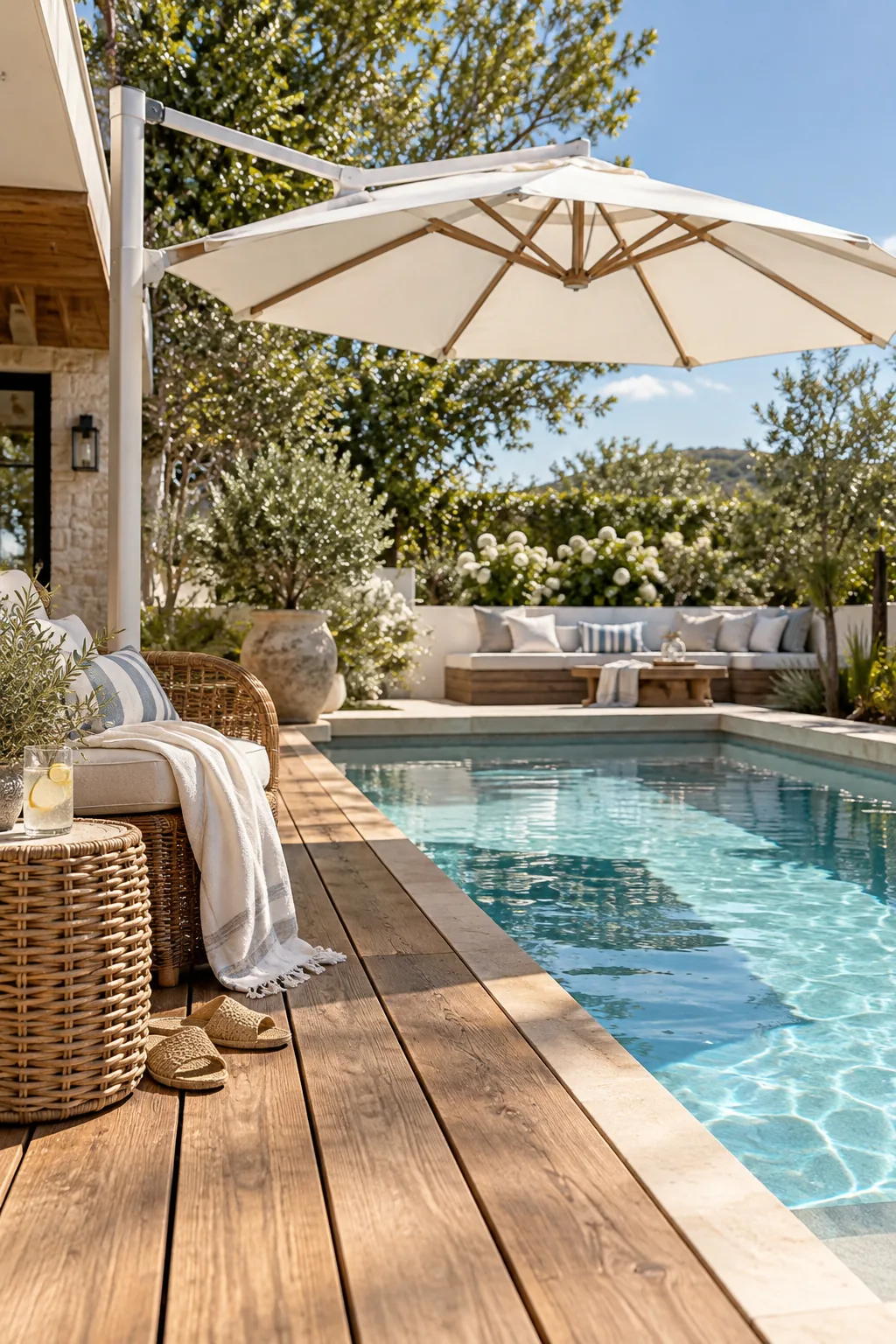 White cantilever umbrella extending over a small wooden pool deck