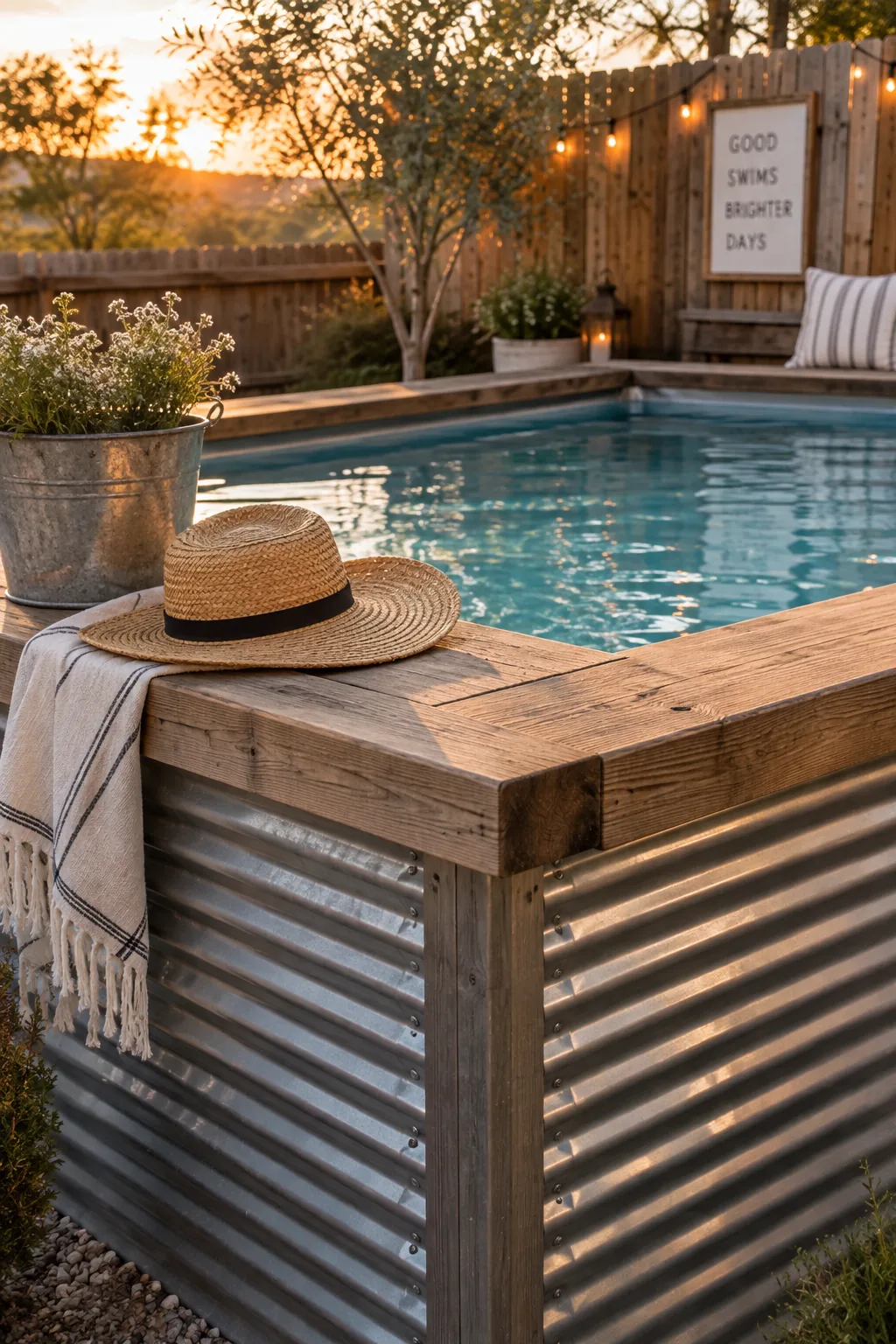 Above-ground mini pool wrapped in corrugated metal with a wooden top ledge