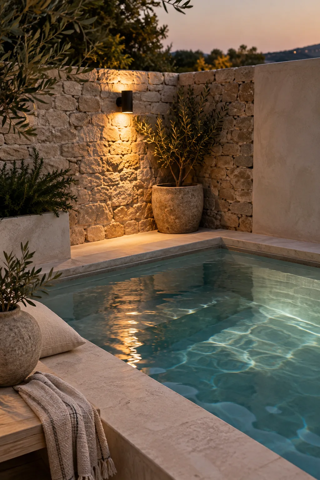 Small pool tucked into a corner of two retaining walls with wall sconces