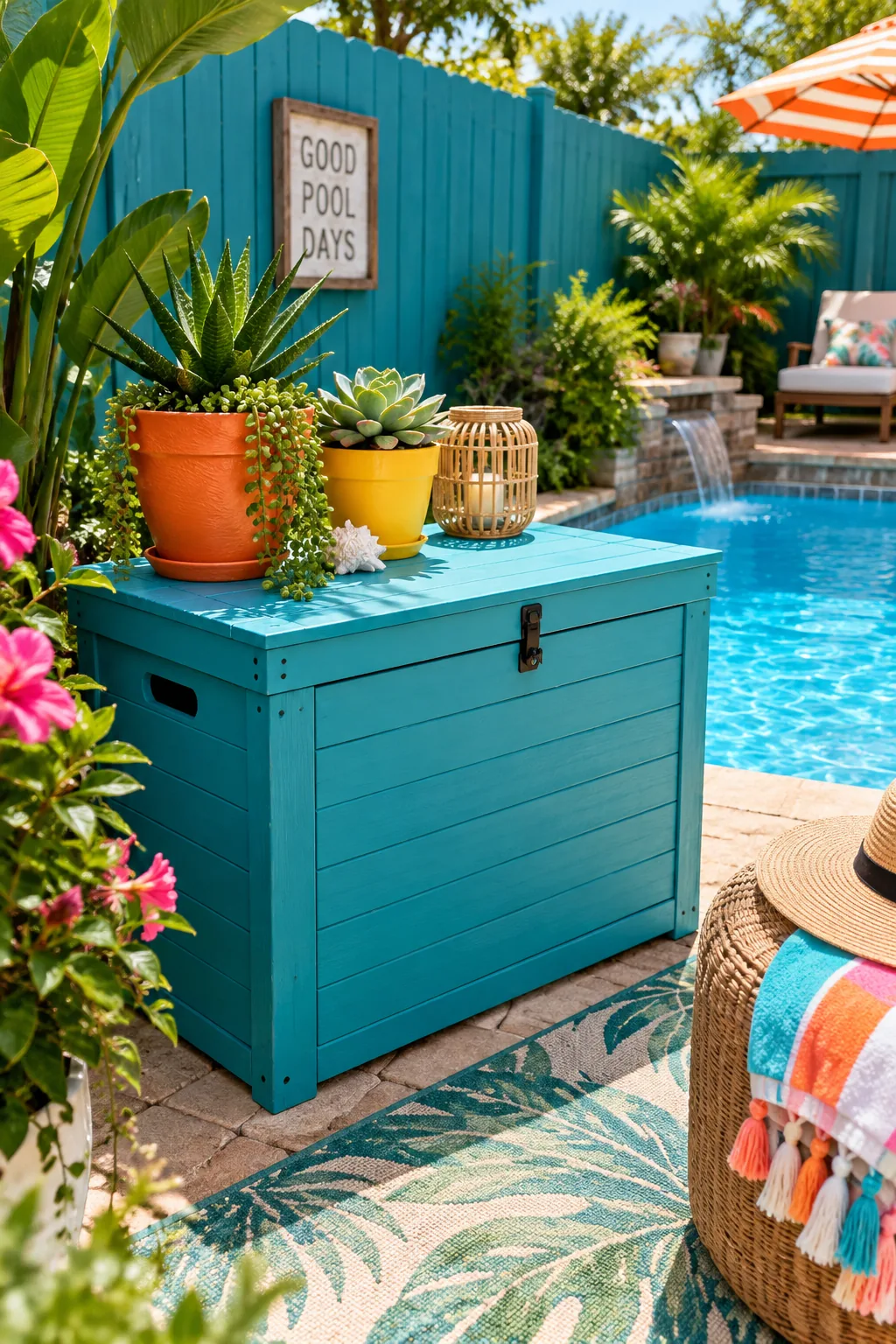 Wooden box hiding pool equipment, topped with small potted succulents