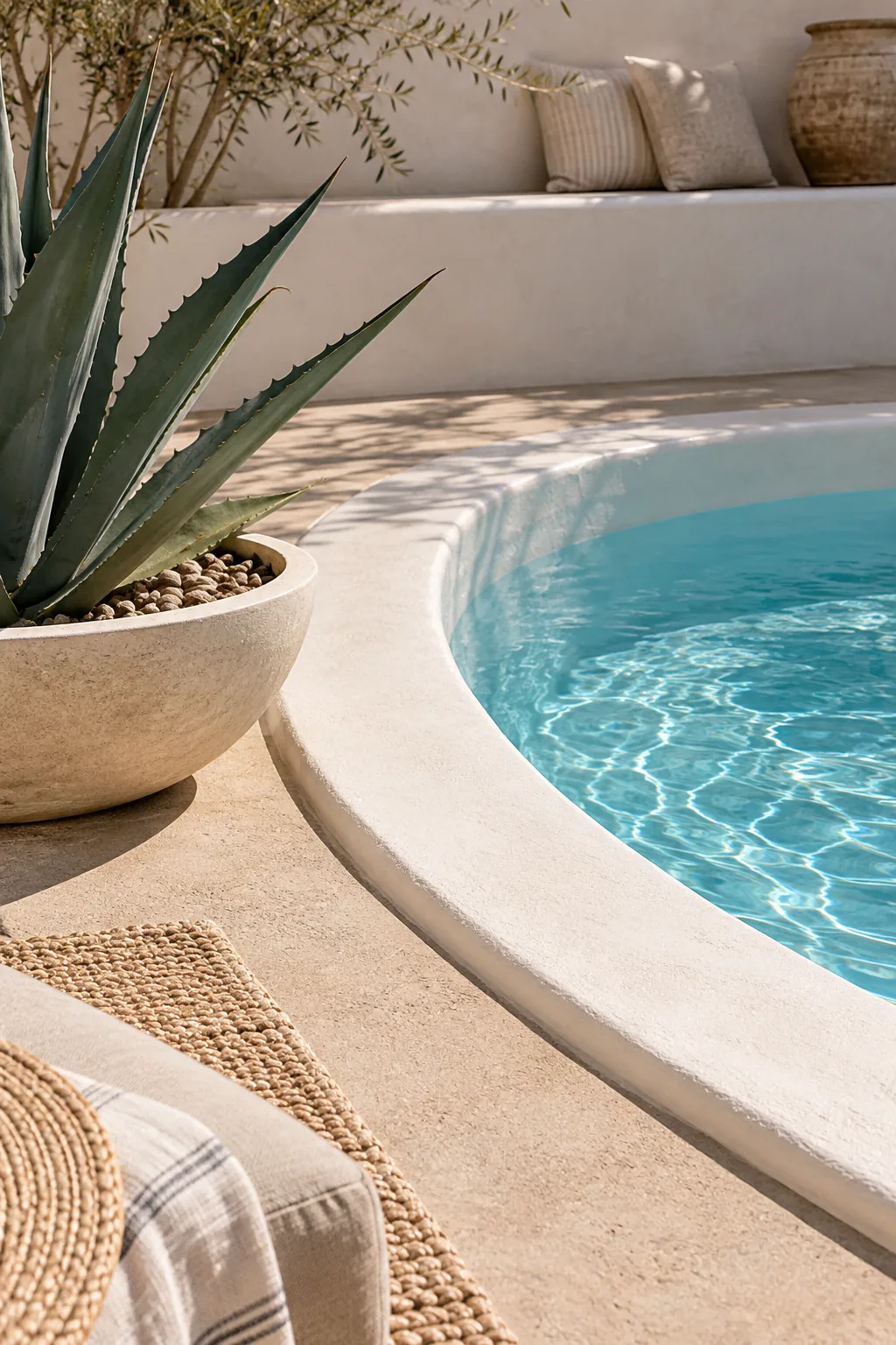 White plaster pool surrounded by sand-colored concrete and agave plants