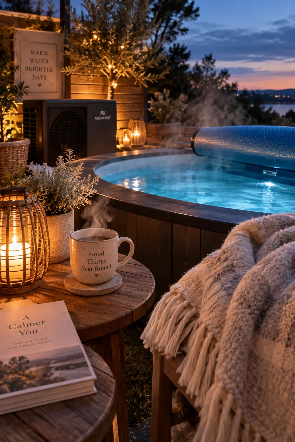 Small pool steaming slightly in the cool air with a thermal blanket nearby