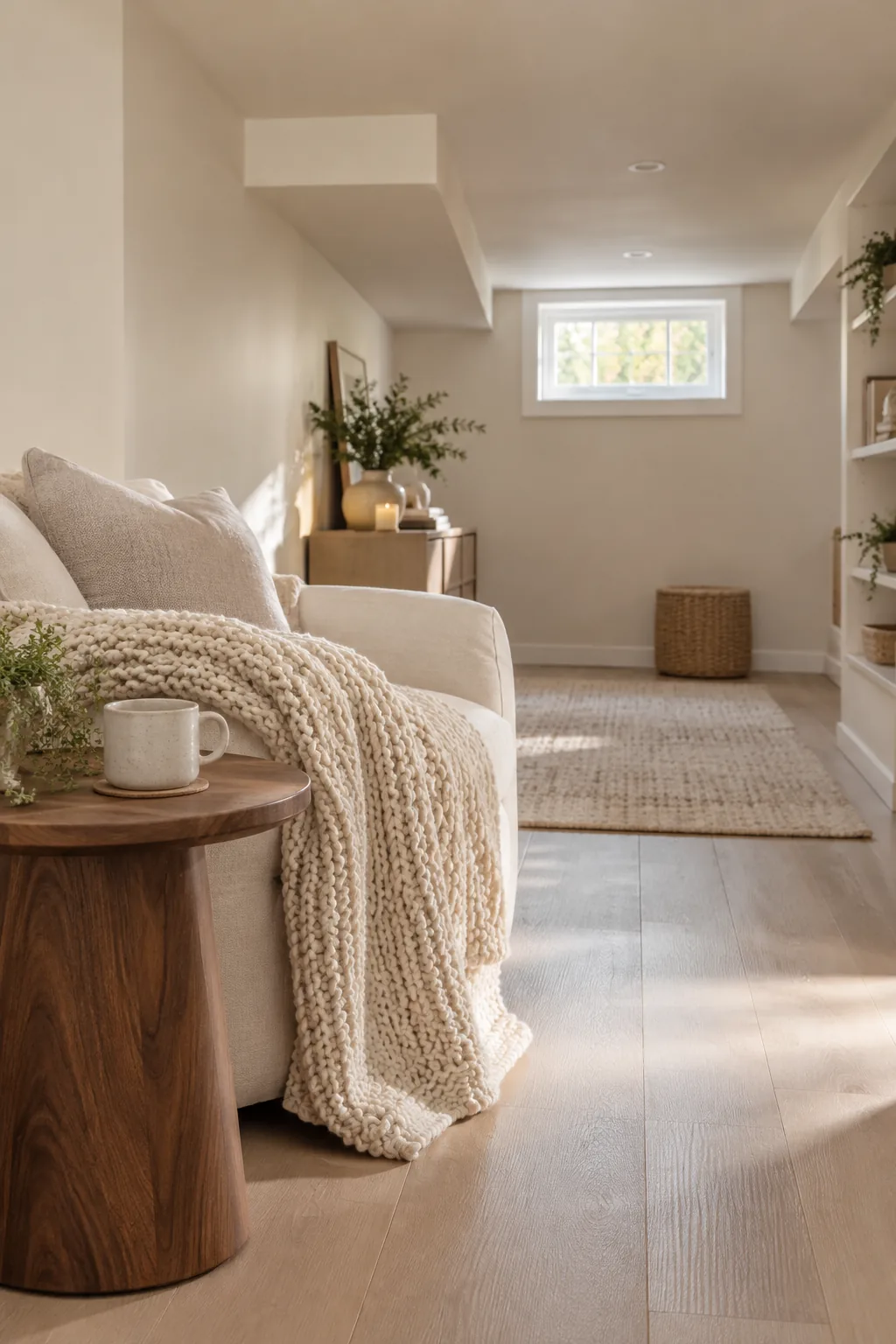 A small basement painted entirely in bright matte white.