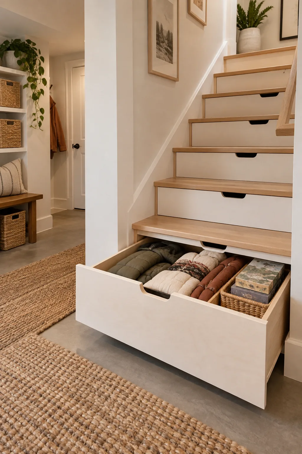 Custom pull-out drawers built under basement stairs.