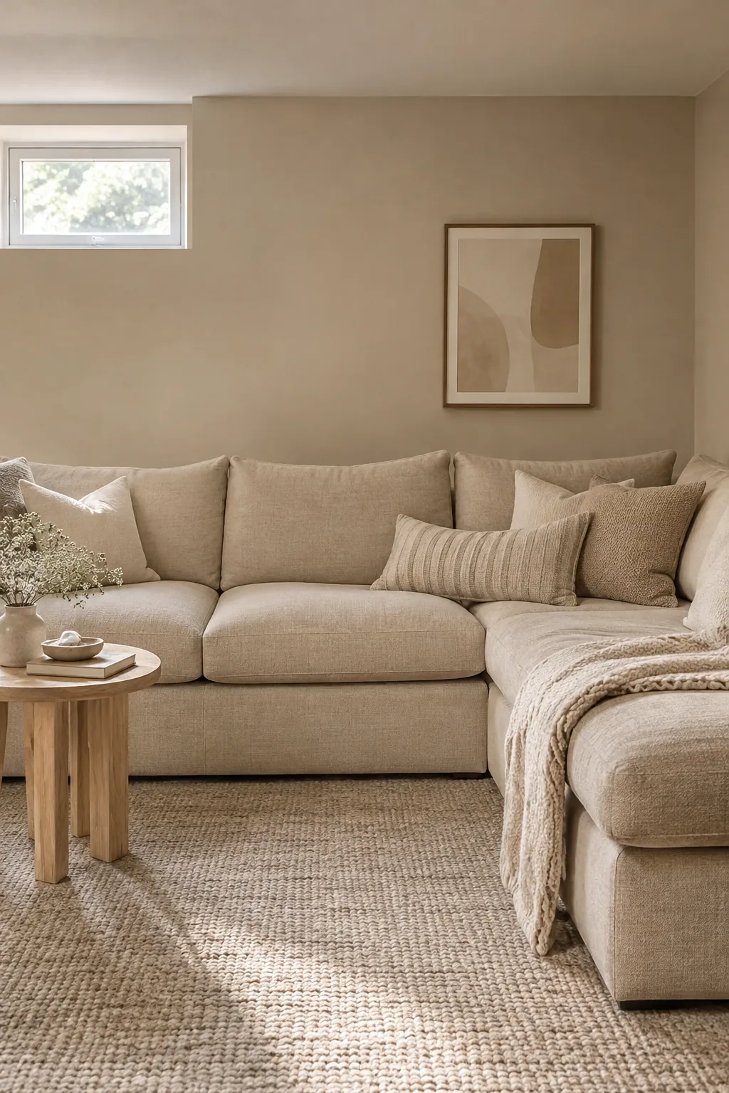 A monochromatic fabric sectional matching the basement walls.