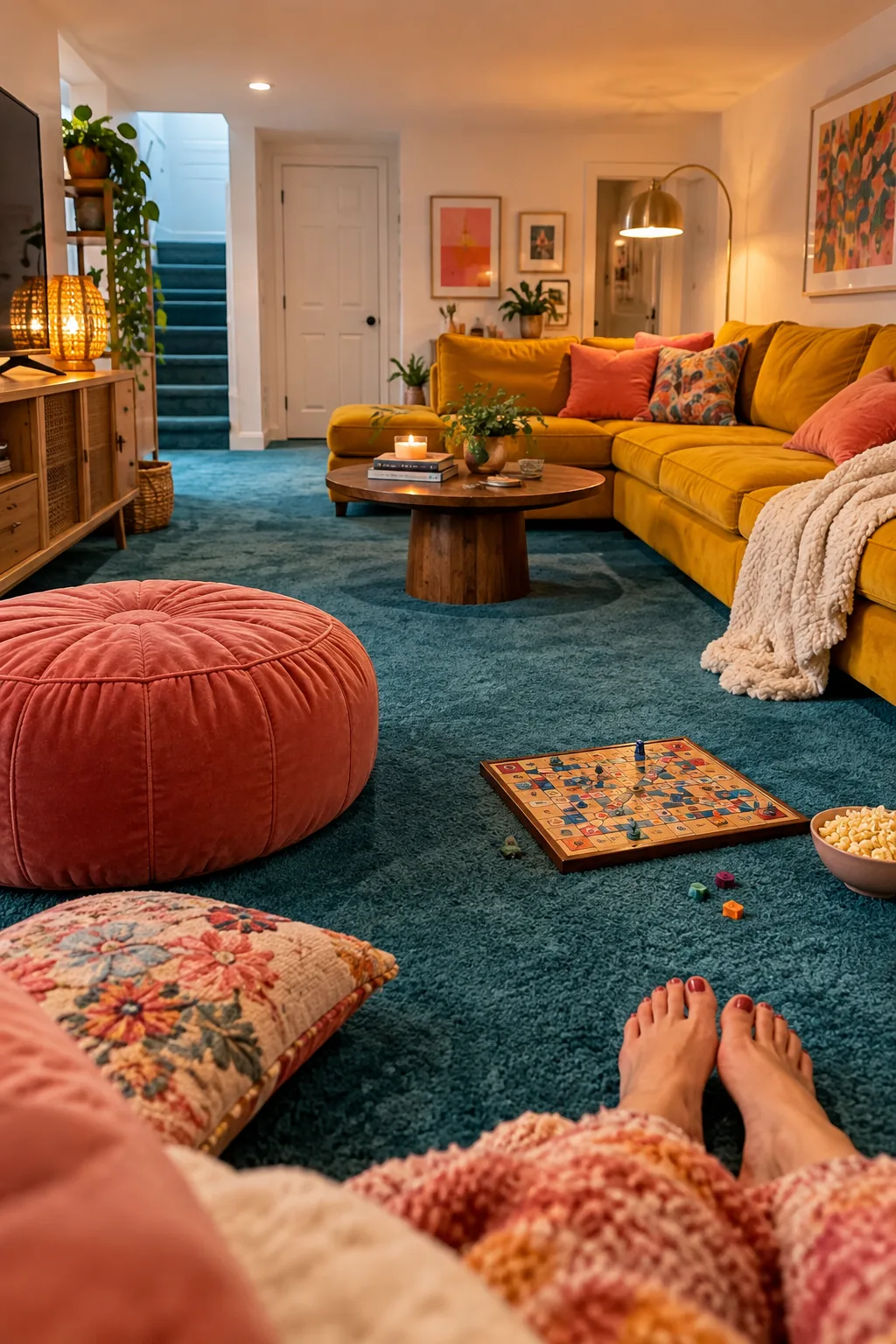 Plush wall-to-wall carpeting in a cozy basement family room.