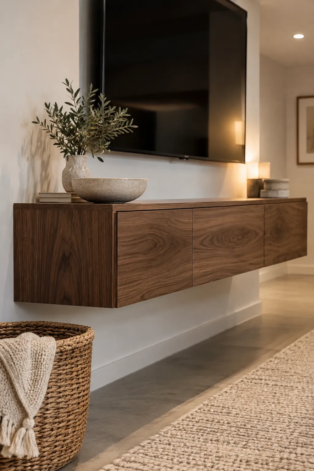 A floating wood TV console in a modern basement.