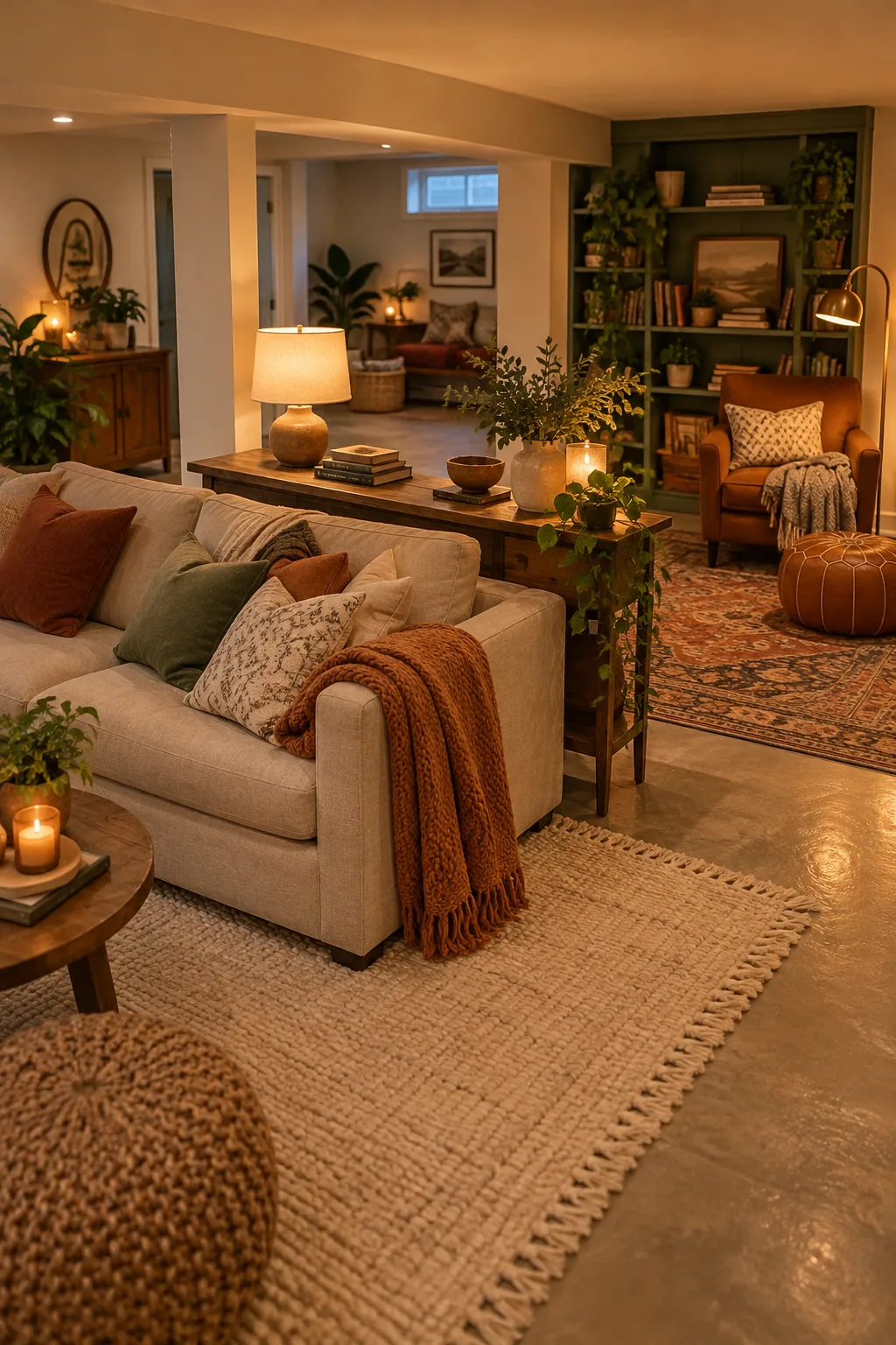An open concept basement divided into zones with rugs.
